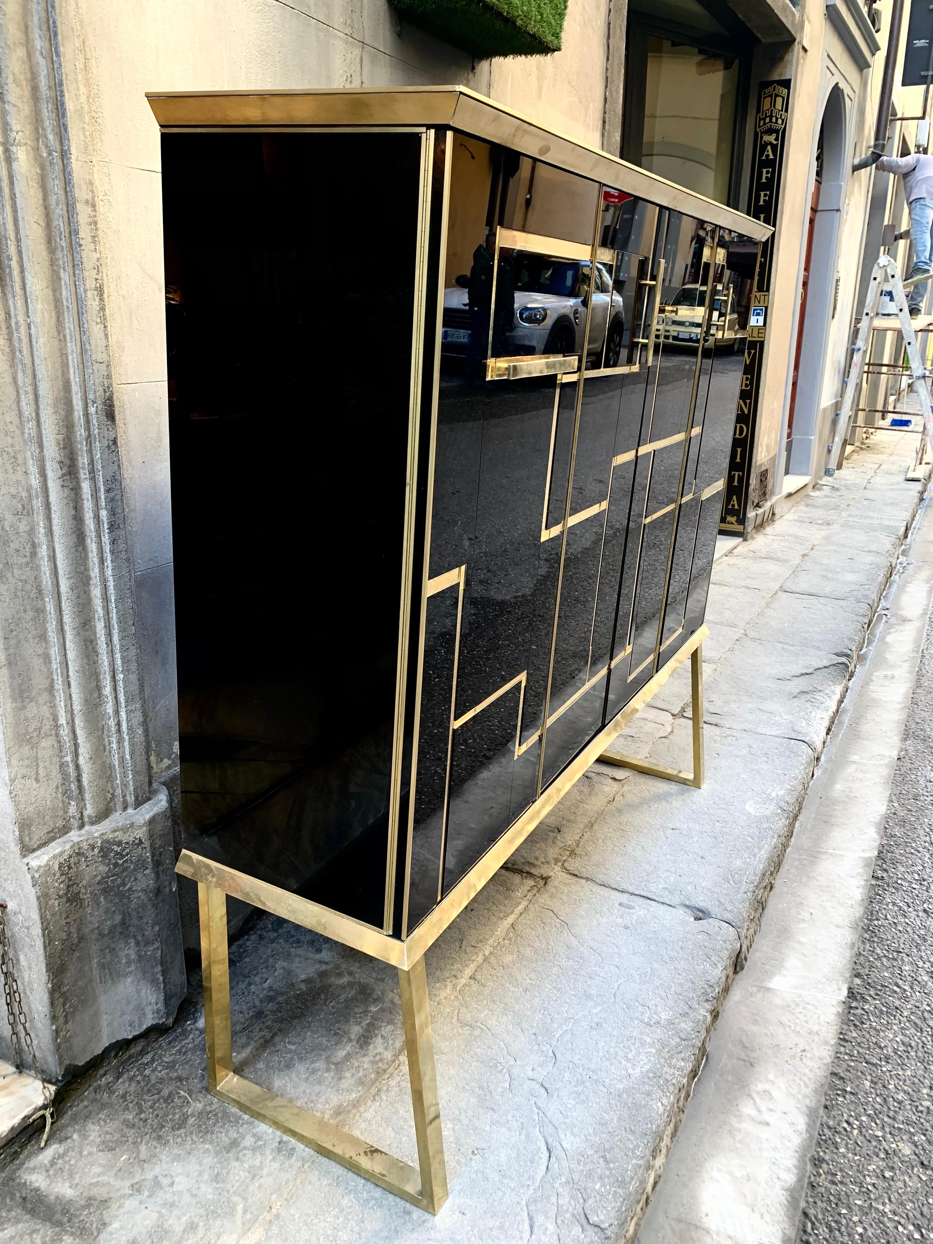 Mid-20th Century Black Opaline Glass Big Cabinet with Brass and Gold opaline Glass Inserts, 1960s