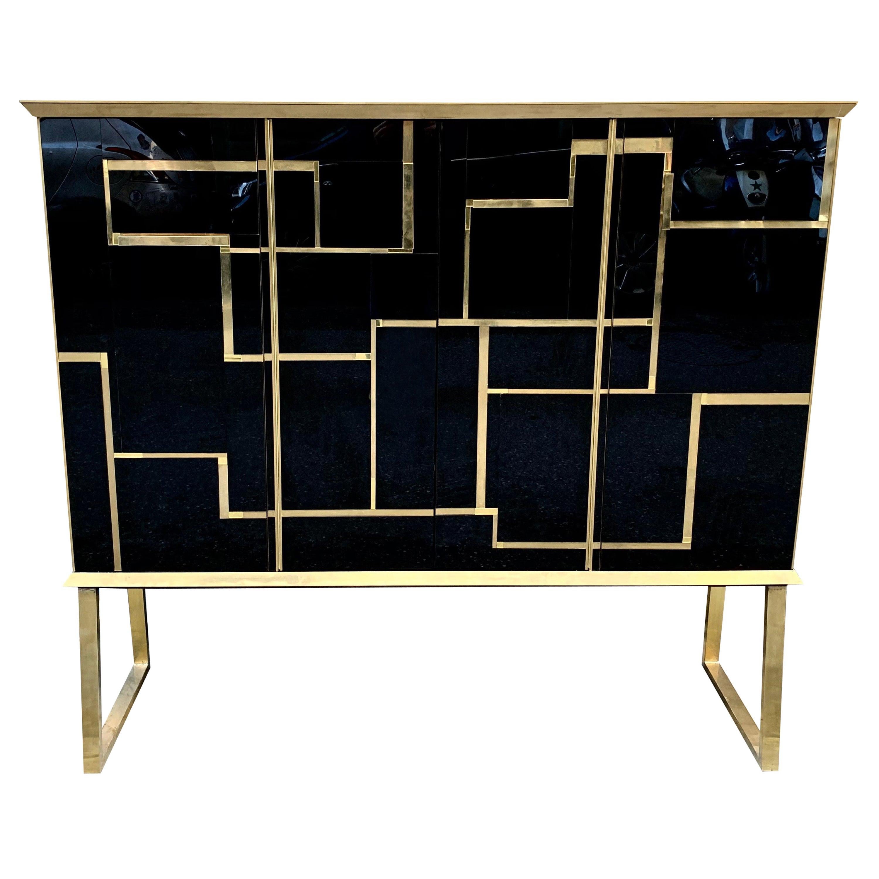 Black Opaline Glass Big Cabinet with Brass and Gold opaline Glass Inserts, 1960s