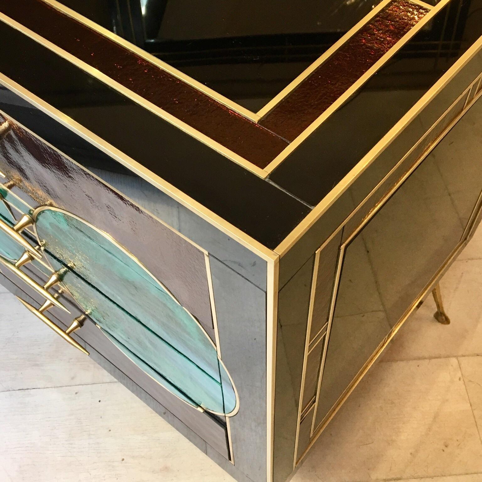 Black Opaline Glass Chest of Drawers with Brass Inlays Green Circles, 1970s 7