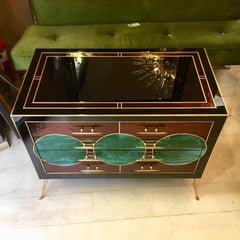Black Opaline Glass Chest of Drawers with Brass Inlays Green Circles, 1970s