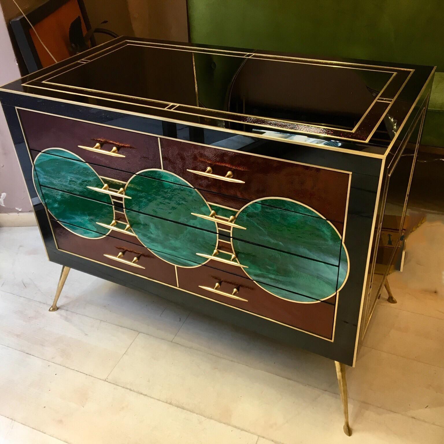Modern Black Opaline Glass Chest of Drawers with Brass Inlays Green Circles, 1970s
