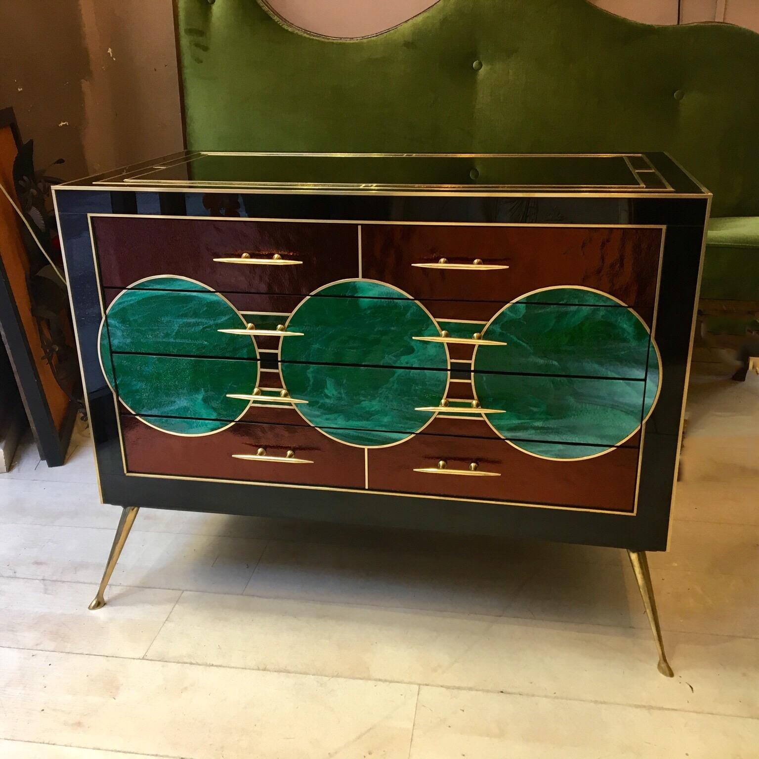 Italian Black Opaline Glass Chest of Drawers with Brass Inlays Green Circles, 1970s