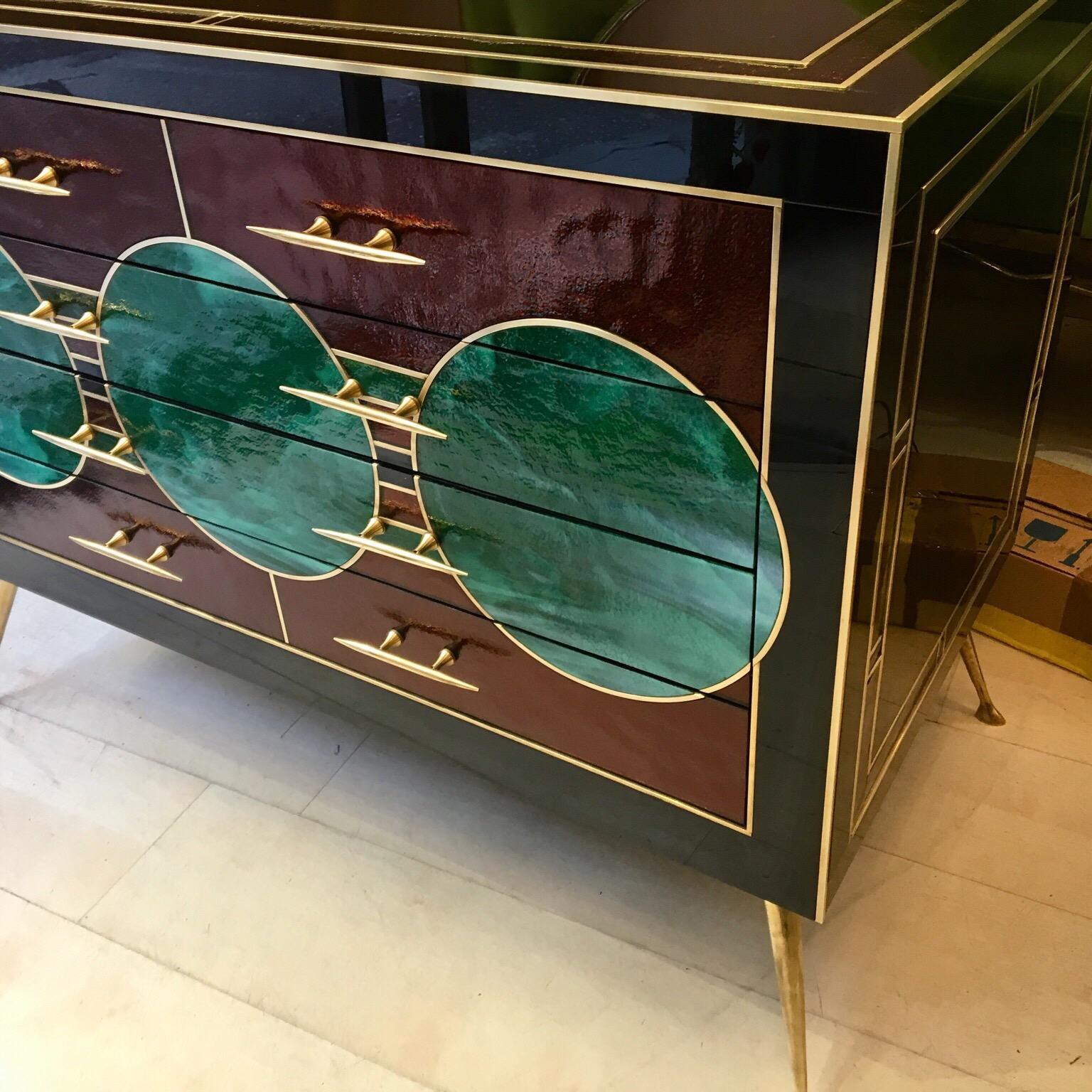 Black Opaline Glass Chest of Drawers with Brass Inlays Green Circles, 1970s In Excellent Condition In Florence, IT