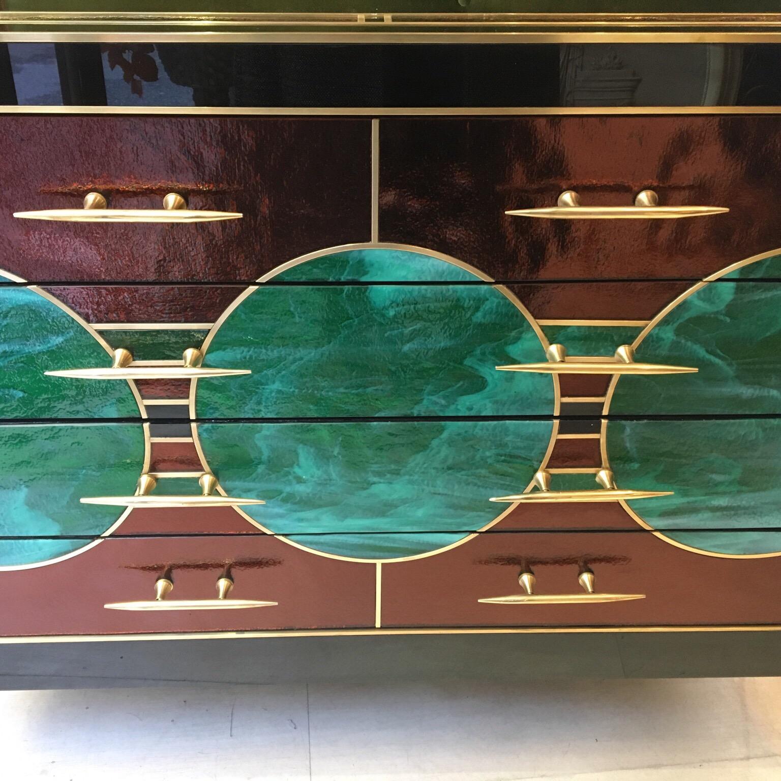 Late 20th Century Black Opaline Glass Chest of Drawers with Brass Inlays Green Circles, 1970s