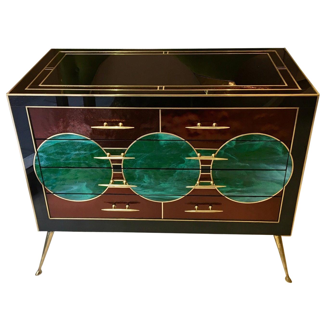 Black Opaline Glass Chest of Drawers with Brass Inlays Green Circles, 1970s