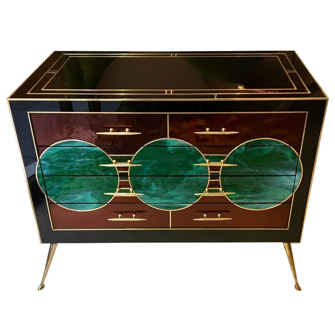 Black Opaline Glass Chest of Drawers with Brass Inlays Green Circles, 1970s