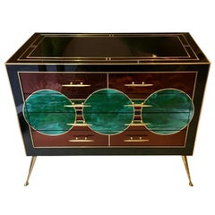 Black Opaline Glass Chest of Drawers with Brass Inlays Green Circles, 1970s