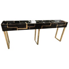 Black Opaline Glass Console with Brass and Gold Opaline Glass Inserts, 1970s