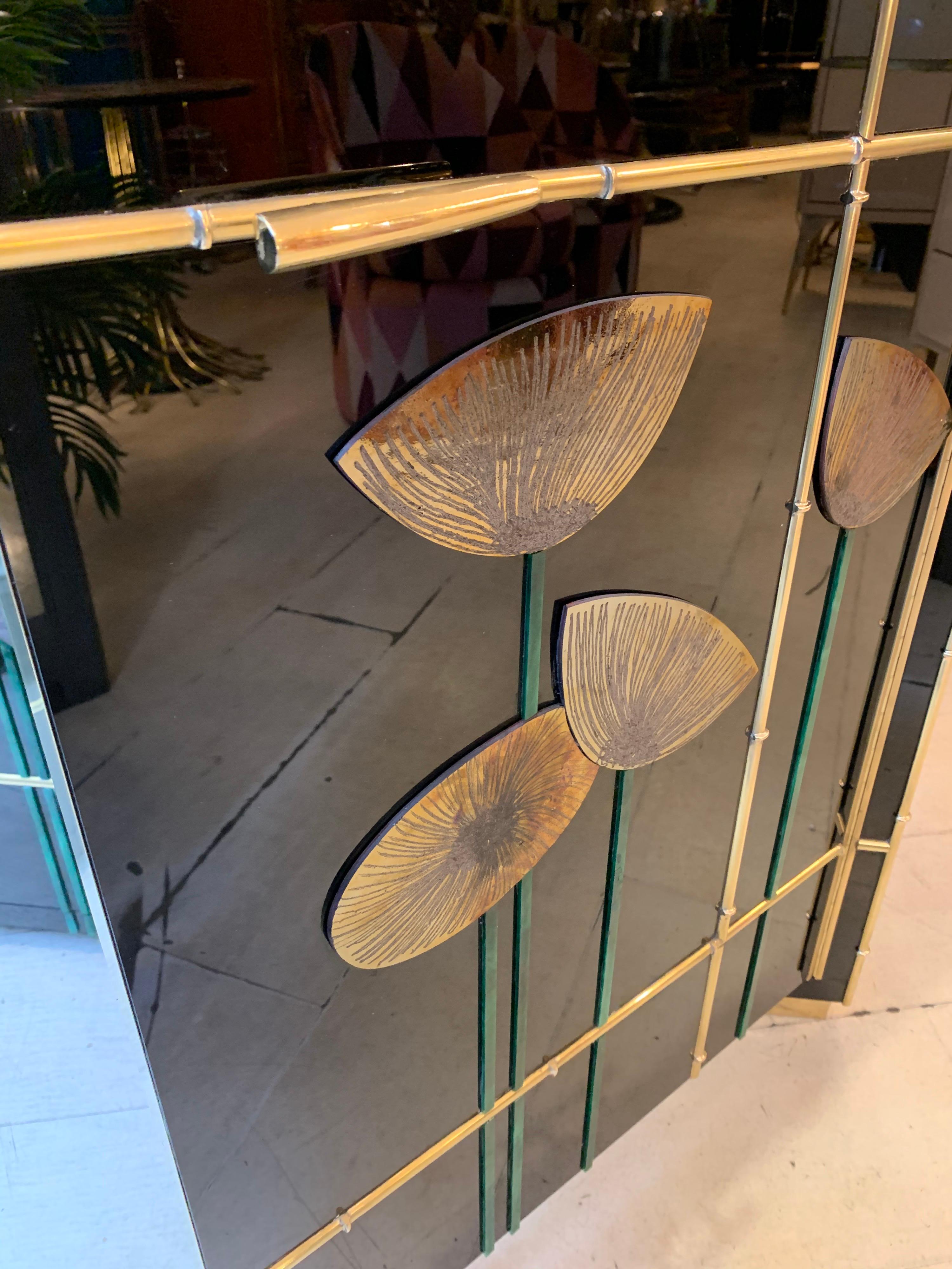Black Opaline Glass Credenza with Glass Poppies, Bamboo Brass Frames, 1980s 5