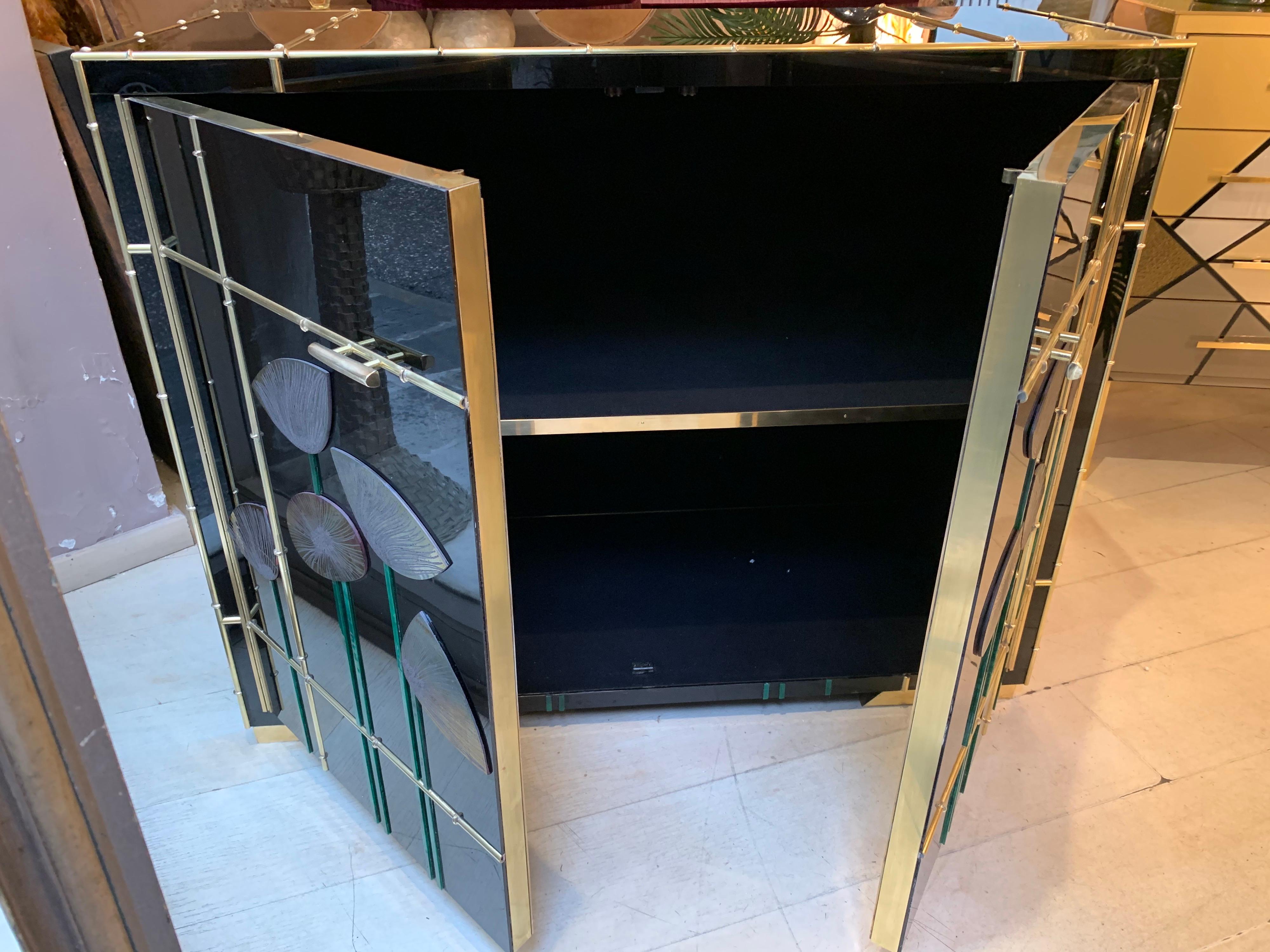 Black Opaline Glass Credenza with Glass Poppies, Bamboo Brass Frames, 1980s 10