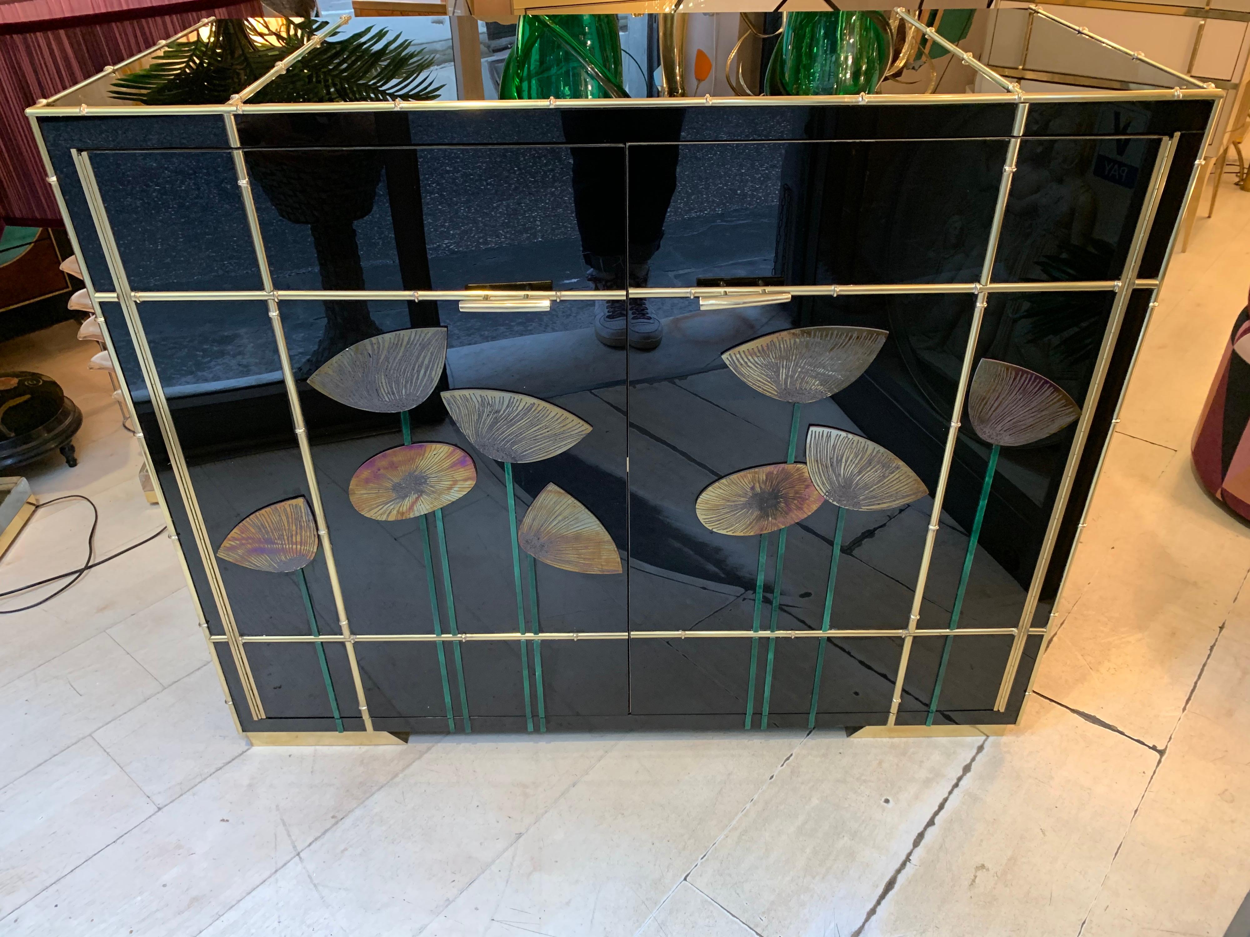 Modern Black Opaline Glass Credenza with Glass Poppies, Bamboo Brass Frames, 1980s
