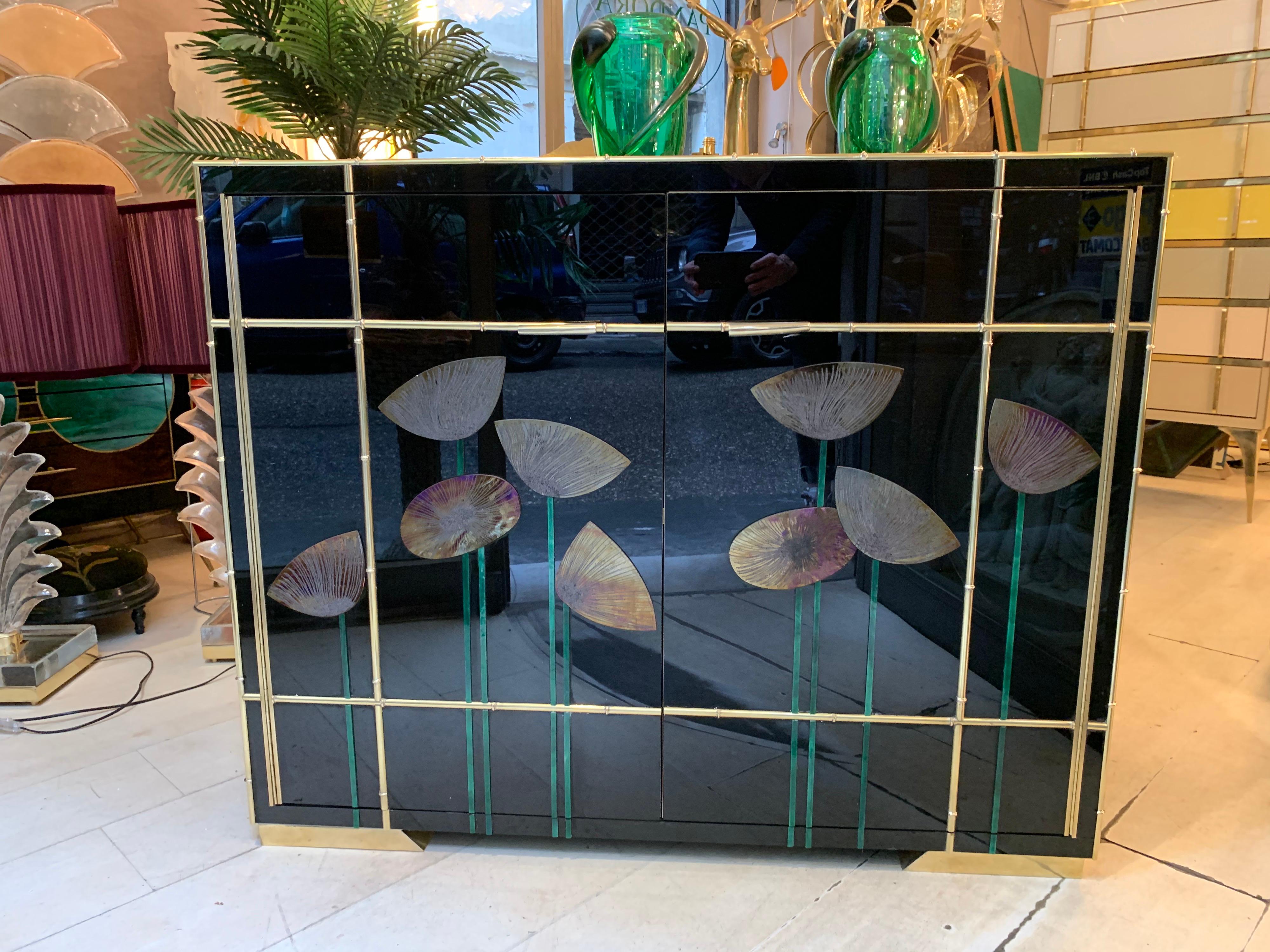 Italian Black Opaline Glass Credenza with Glass Poppies, Bamboo Brass Frames, 1980s