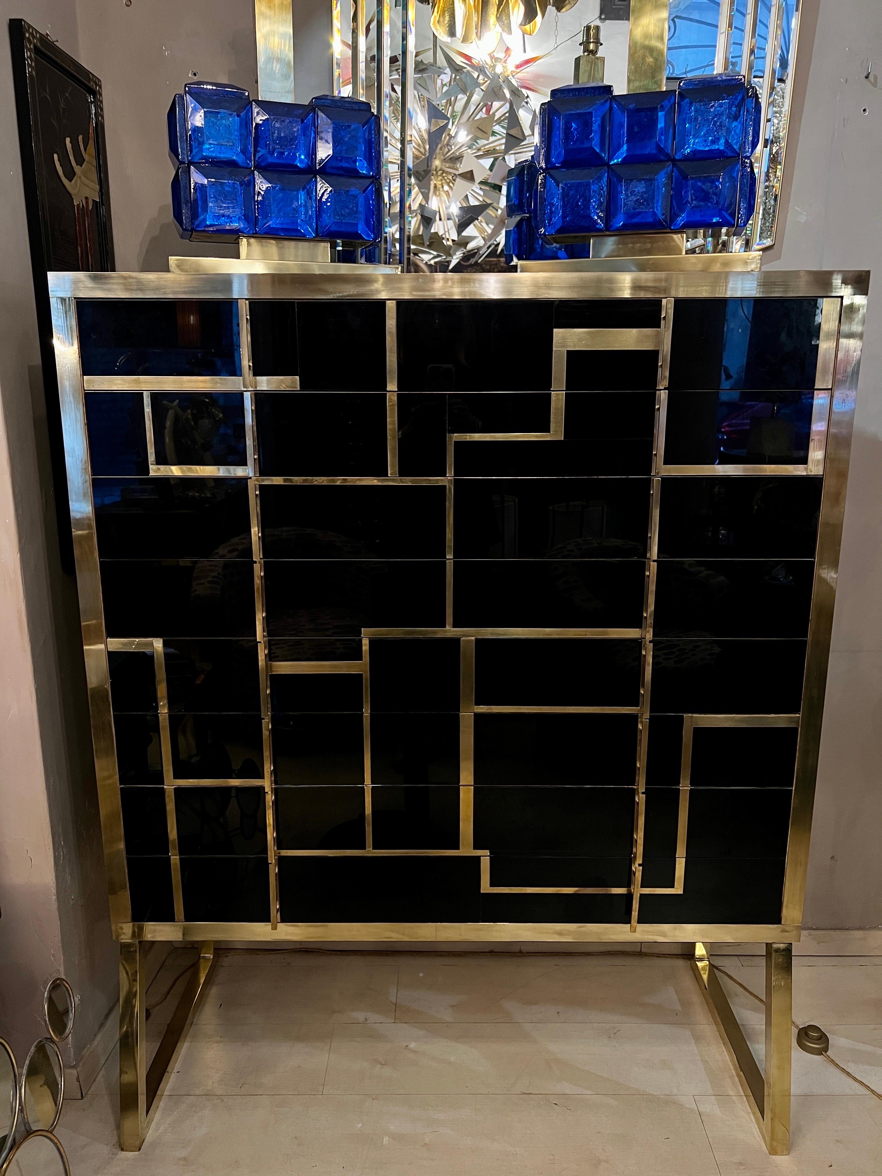 Modern Black Opaline Glass High Chest with Brass and Gold Opaline Glass Inserts, 1970s