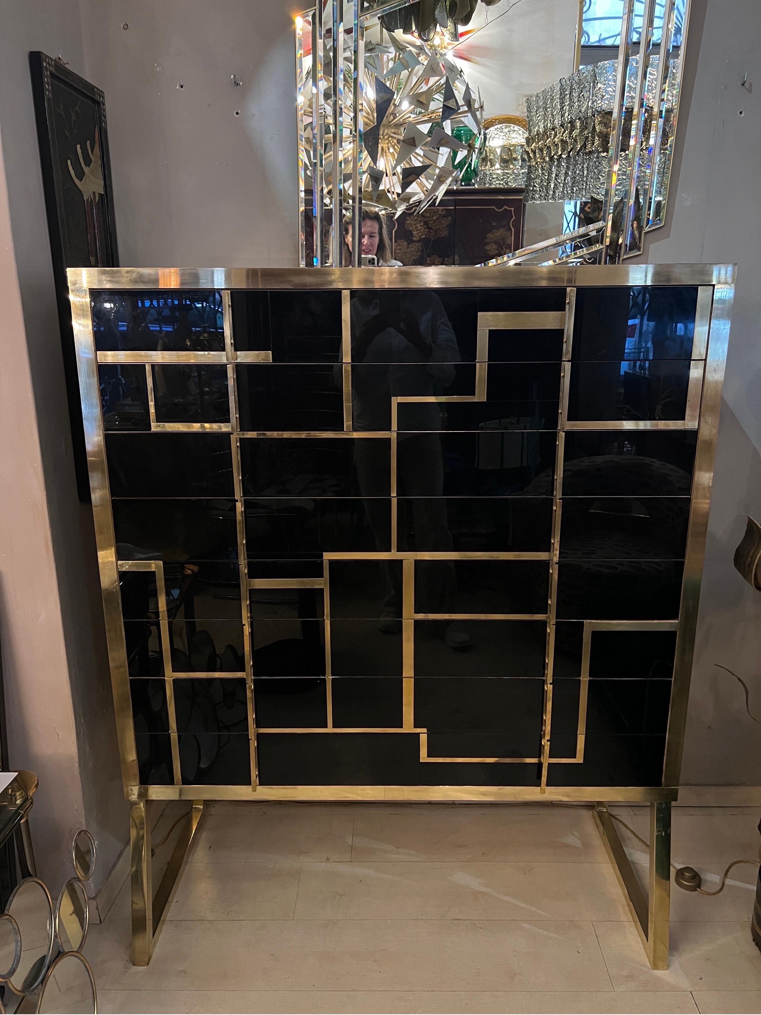 Black Opaline Glass High Chest with Brass and Gold Opaline Glass Inserts, 1970s 1