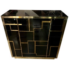 Black Opaline Glass High Chest with Brass and Gold Opaline Glass Inserts, 1970s