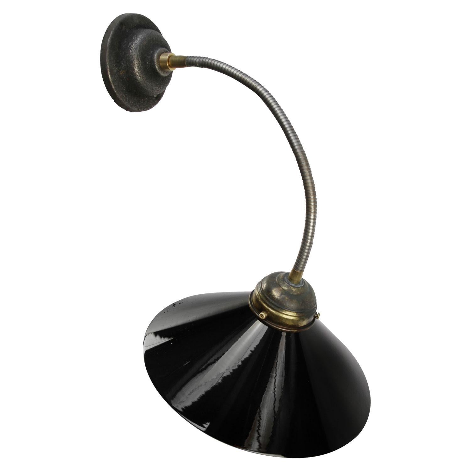 Wall light spot.
Black opaline glass shade.
Goose neck arm
Adjustable in height and angle.

Measures: Diameter cast iron wall mount 10 cm.

Weight: 1.50 kg / 3.3 lb

Priced per individual item. All lamps have been made suitable by