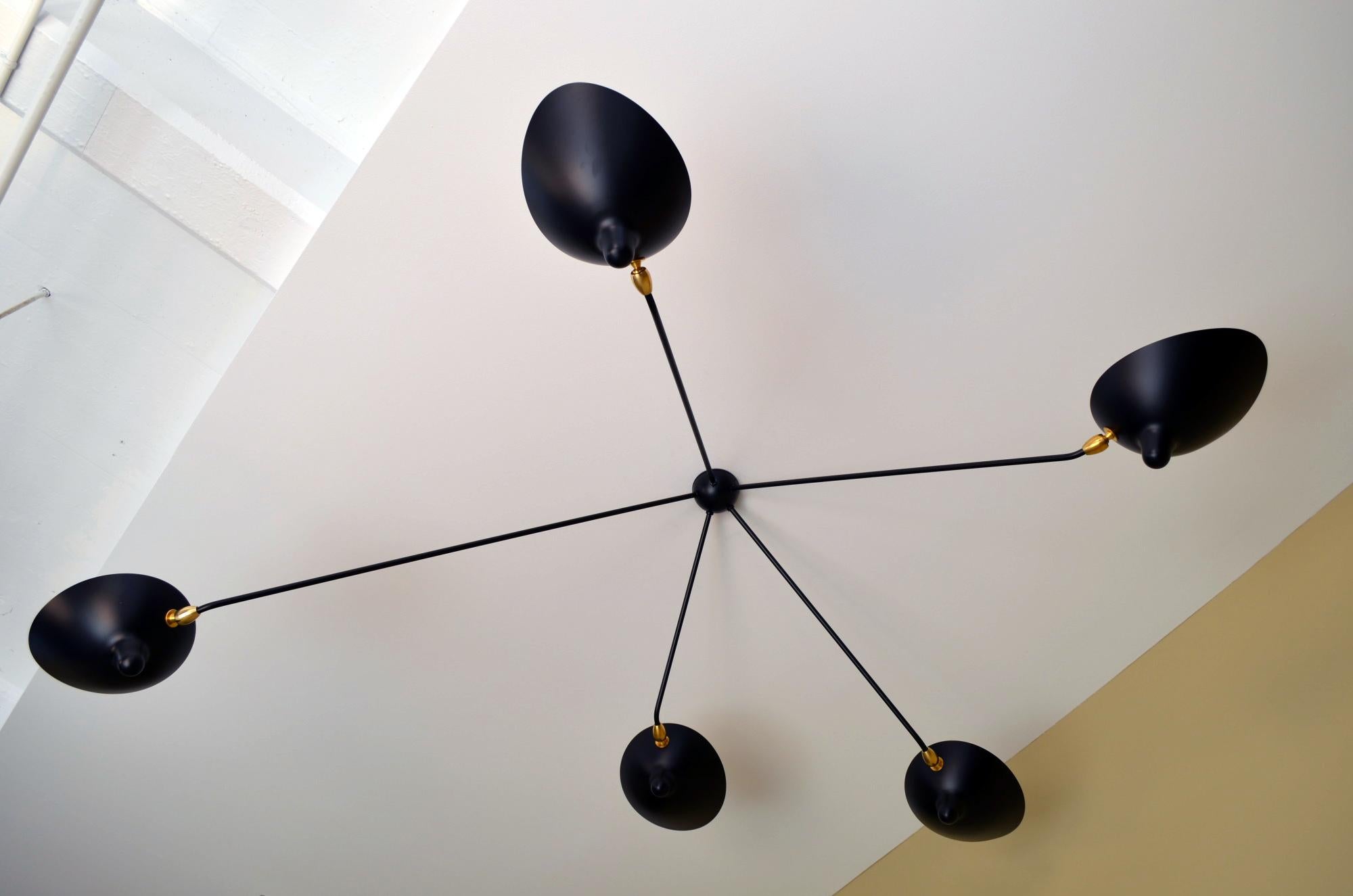 French Serge Mouille - Black or White Spider Ceiling Lamp with 5 Arms - IN STOCK! For Sale