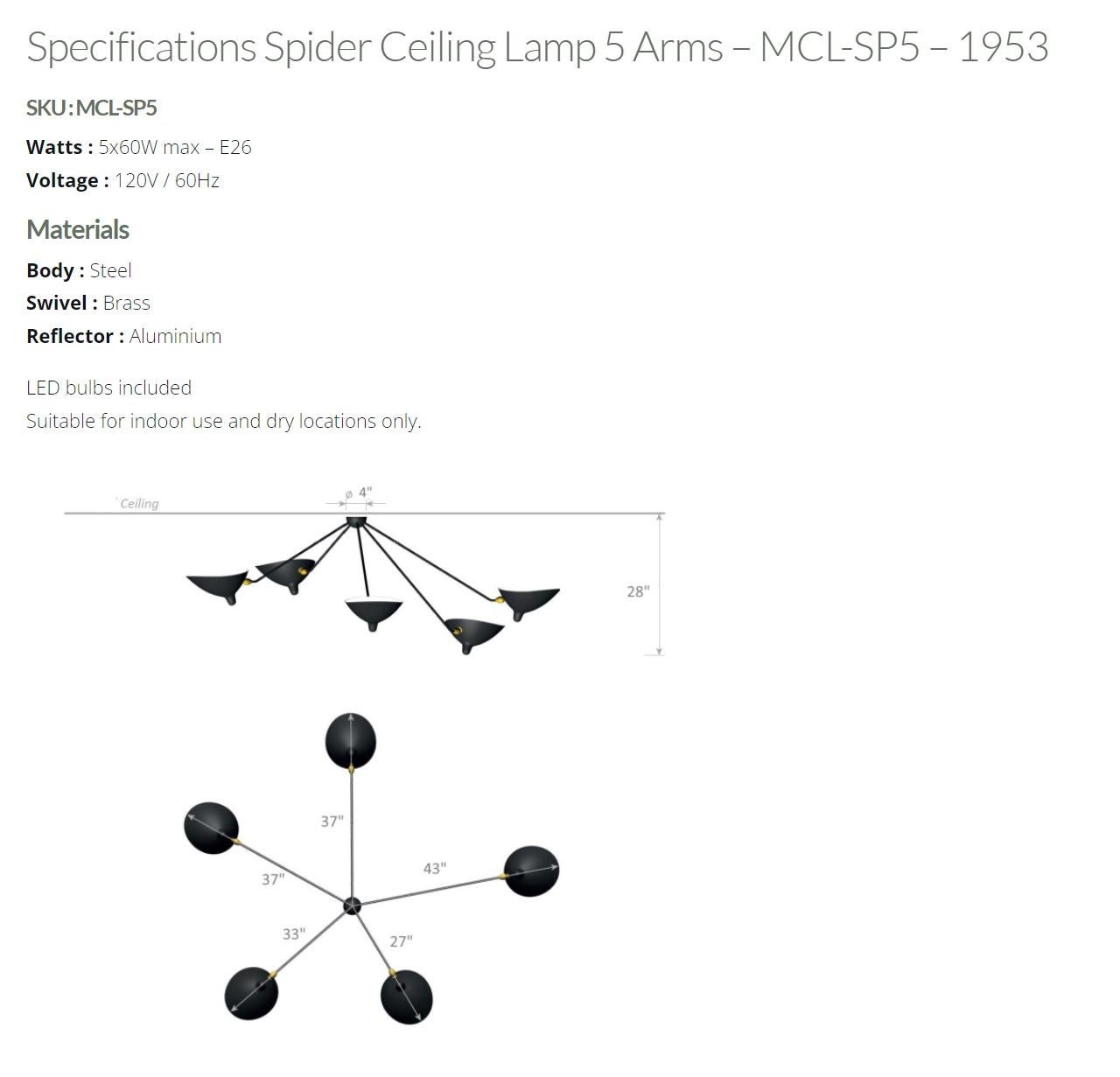 Serge Mouille - Black or White Spider Ceiling Lamp with 5 Arms - IN STOCK! For Sale 1