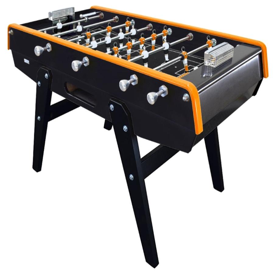 Foosballtisch aus schwarzem und orangefarbenem Buchenholz mit Aluminiumgriffen, hergestellt in Frankreich