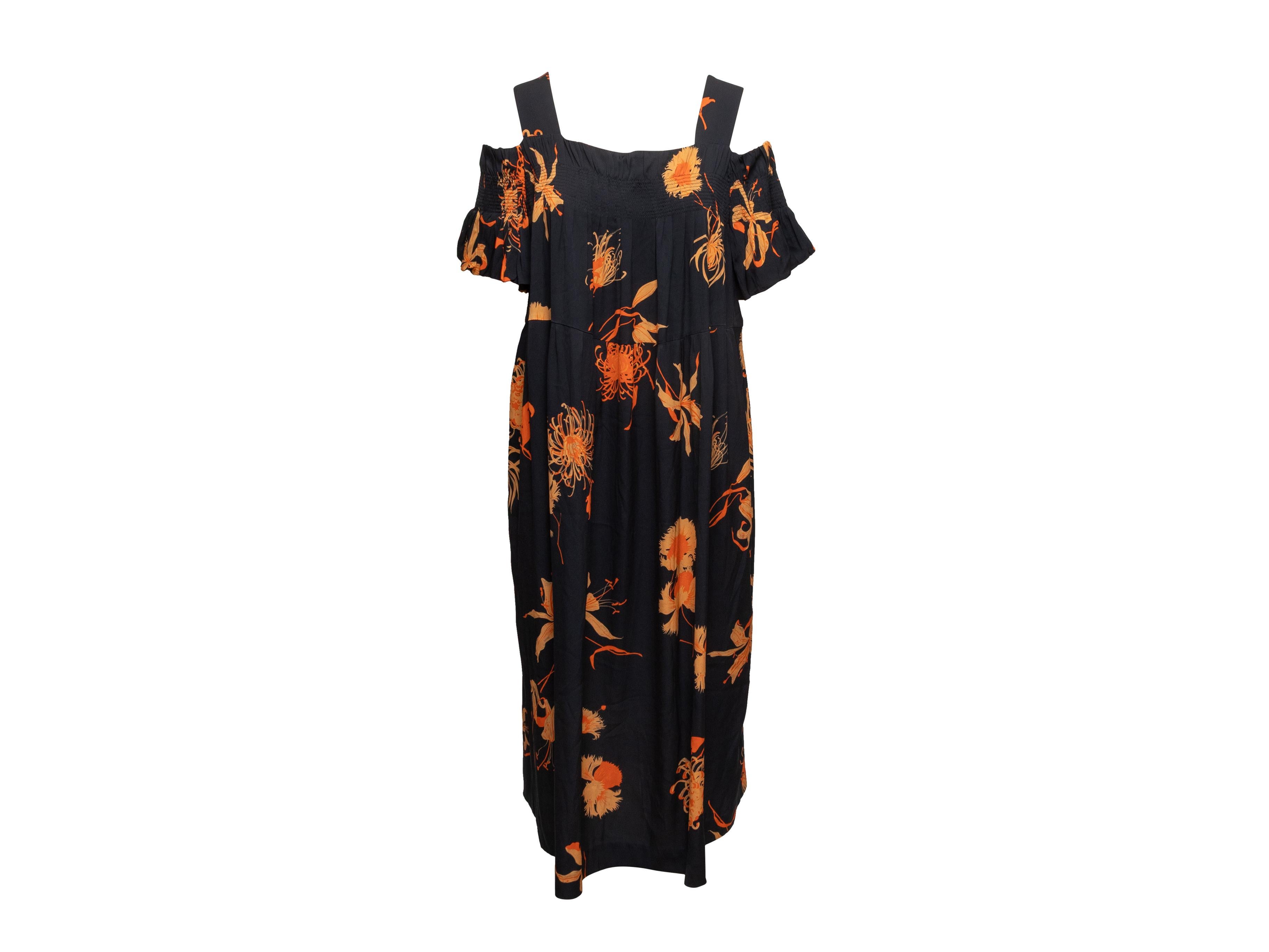 Vestido con hombros fríos y estampado floral de seda negro y naranja Dries van Noten Talla EU 40 Negro en venta