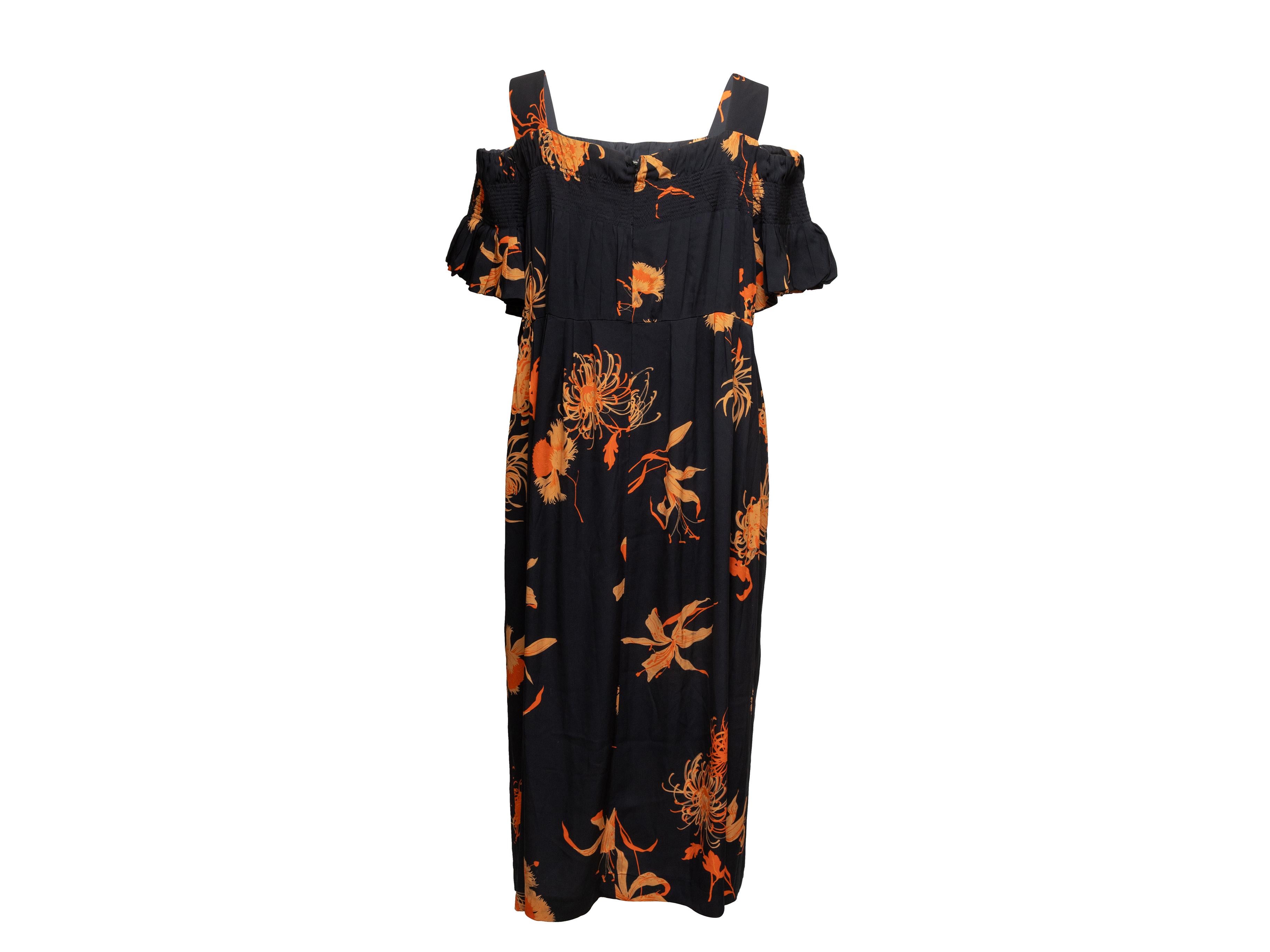 De las mujeres Vestido con hombros fríos y estampado floral de seda negro y naranja Dries van Noten Talla EU 40 en venta