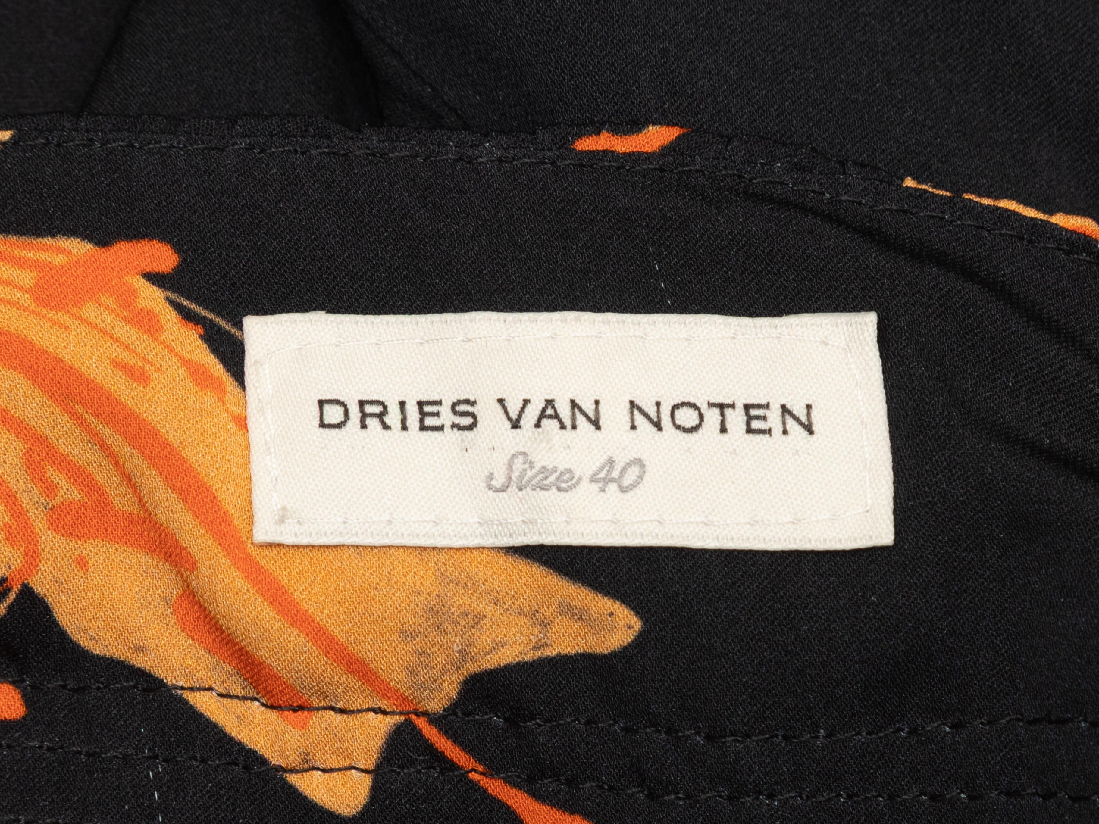 Vestido con hombros fríos y estampado floral de seda negro y naranja Dries van Noten Talla EU 40 en venta 1