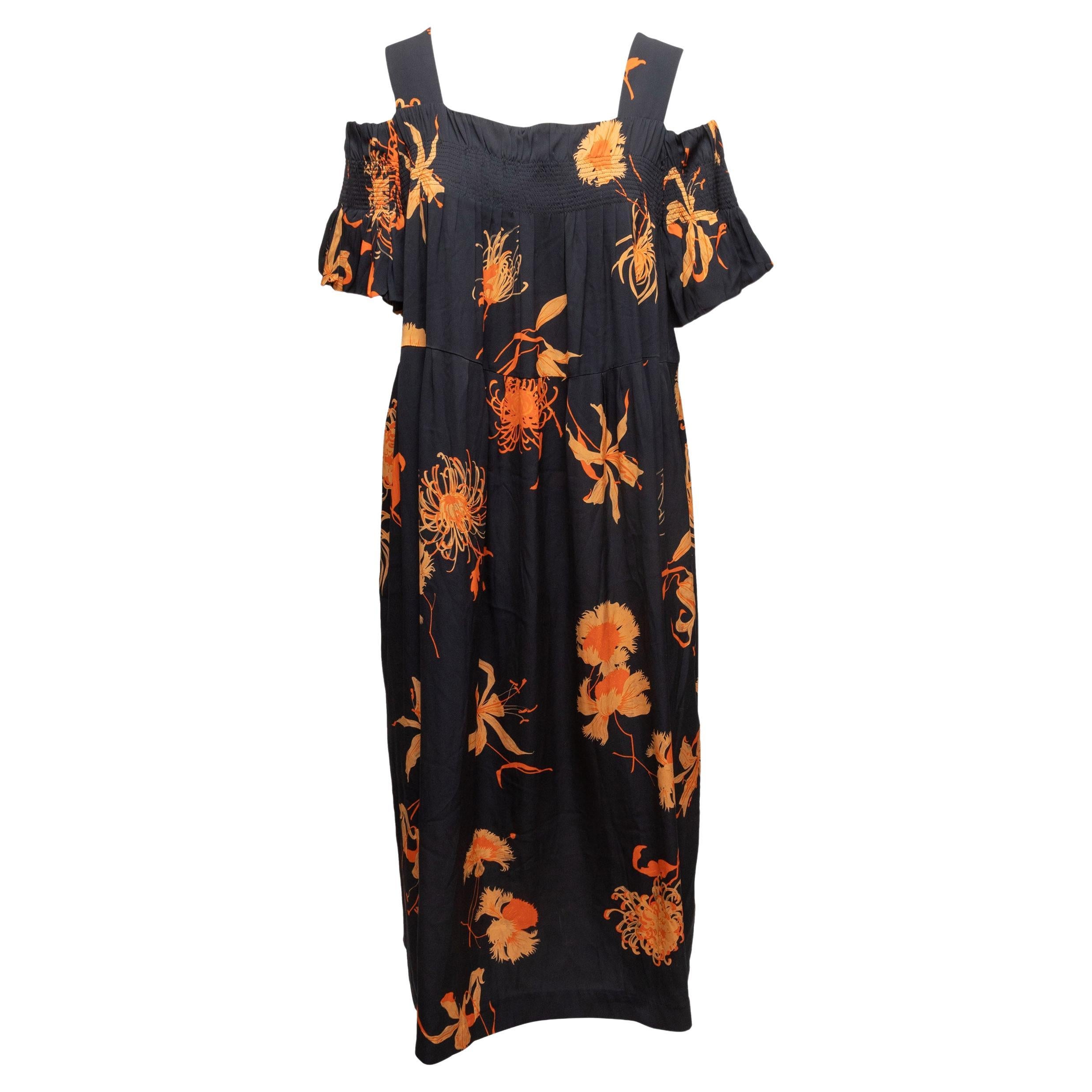 Vestido con hombros fríos y estampado floral de seda negro y naranja Dries van Noten Talla EU 40 en venta