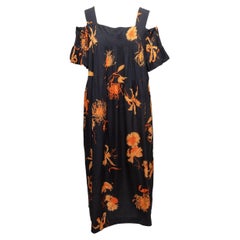 Vestido con hombros fríos y estampado floral de seda negro y naranja Dries van Noten Talla EU 40
