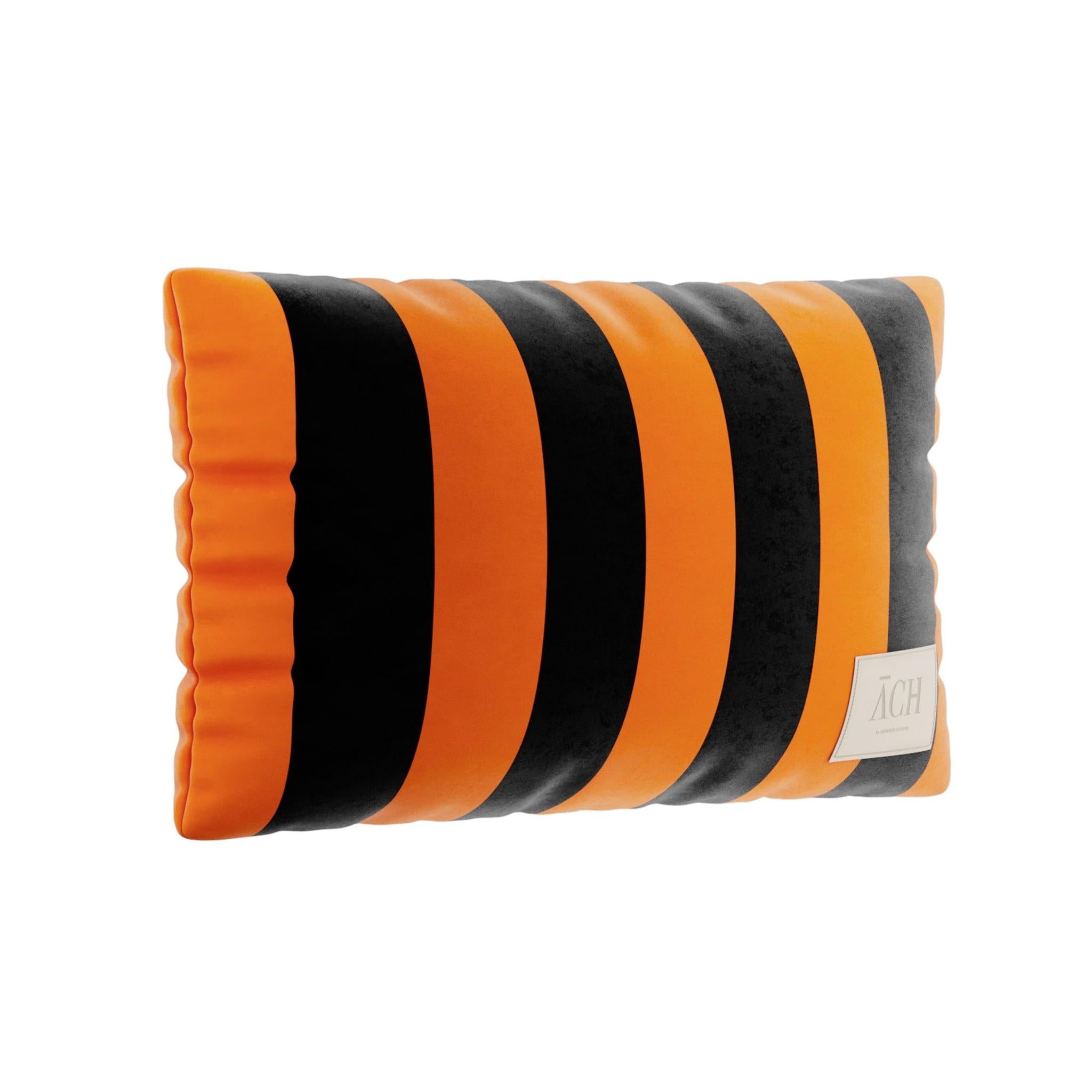 Black orange rectangle pillow is a modern velvet cushion with a statement color combination for a contemporary living room. The velvet pillow is an eye-catching home accessory for an instant design upgrade. The rectangular stripes collection is a