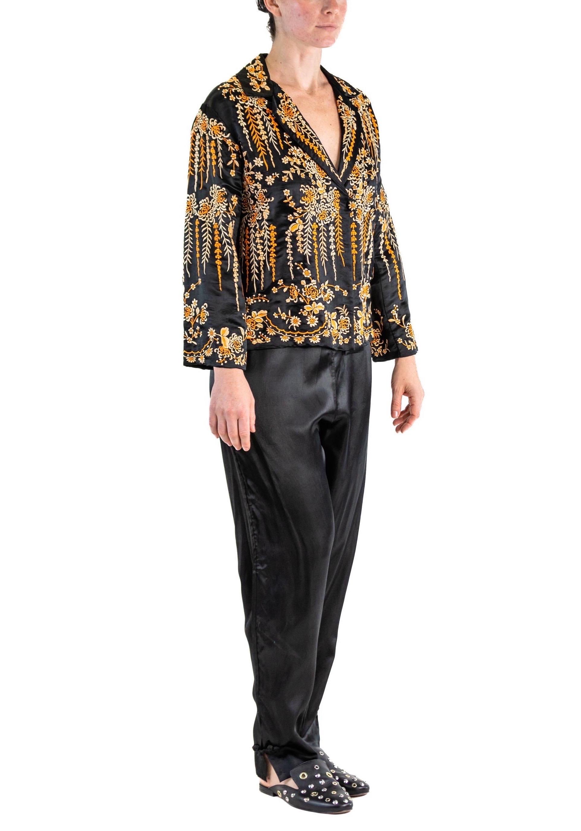 Women's or Men's Black & Orange Silk Satin Hand Embroidered Lounge Pajamas For Sale