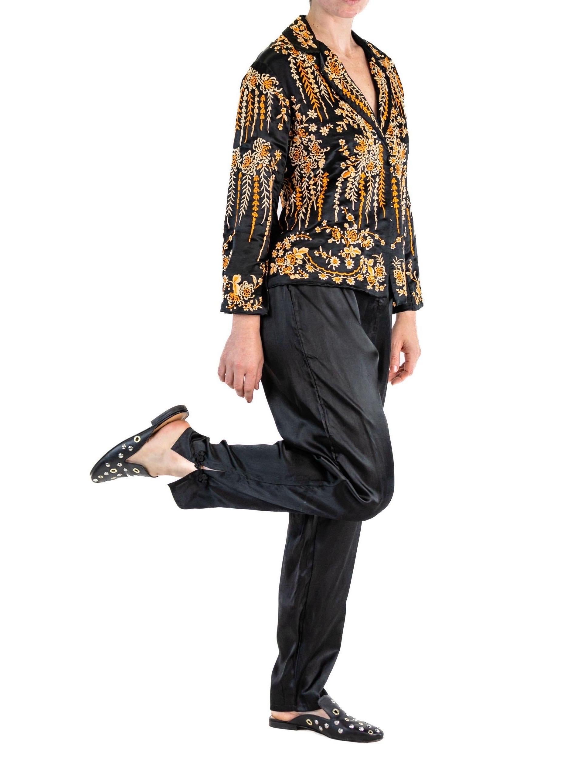 Black & Orange Silk Satin Hand Embroidered Lounge Pajamas For Sale 1