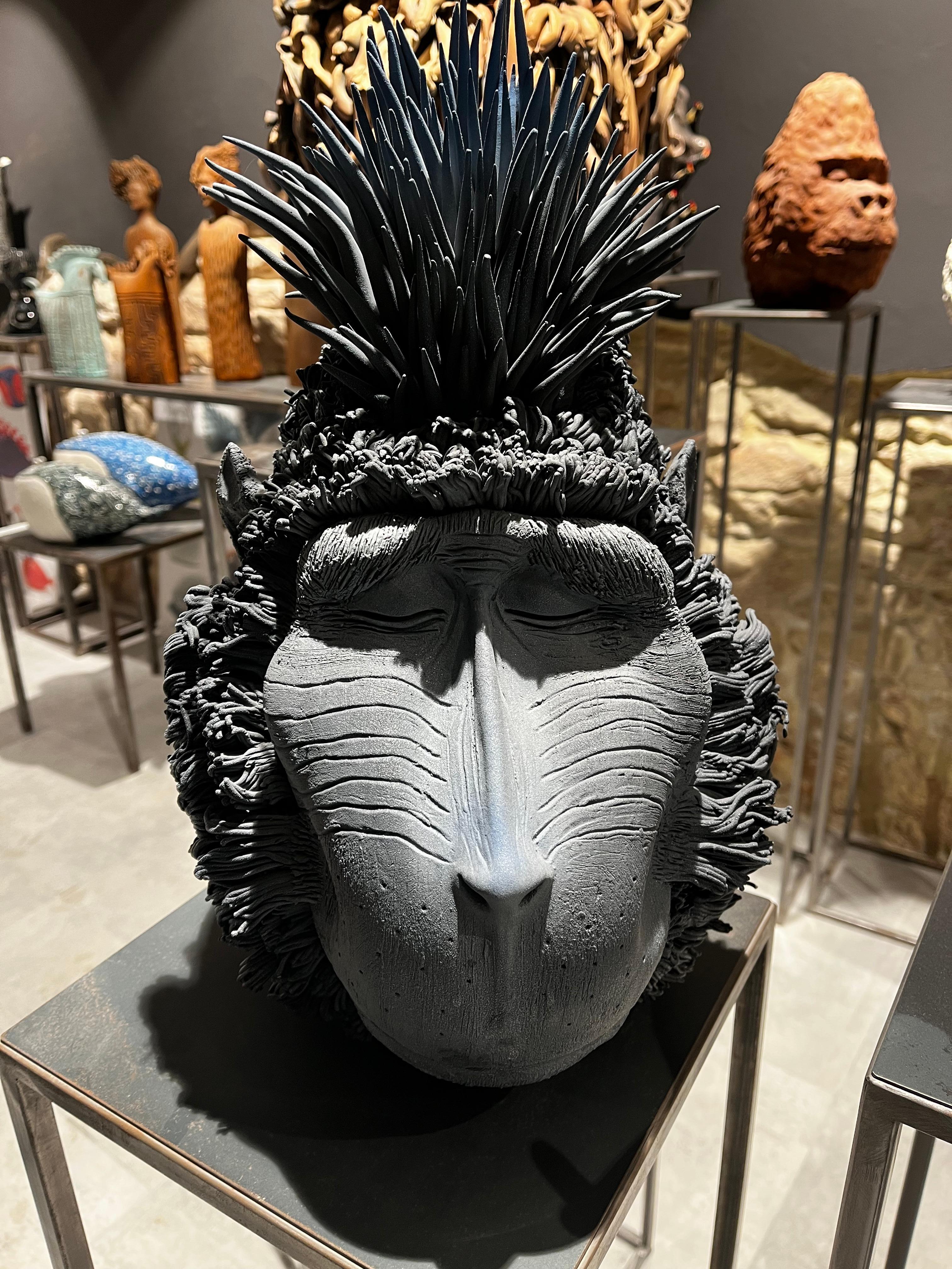 Hand-Painted Black Orangutan, Ceramic Centerpiece, Handmade Design in Italy, 2021 For Sale