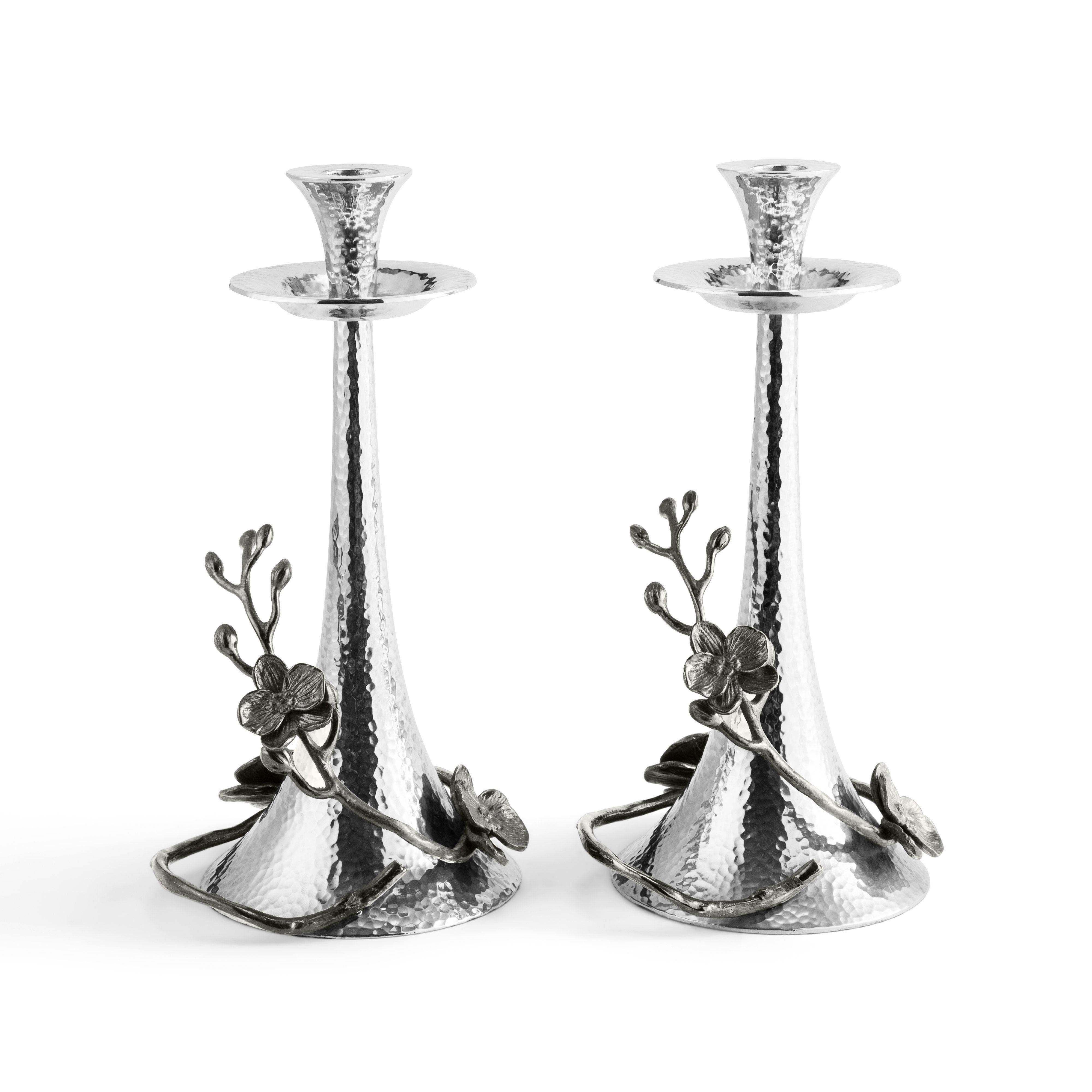 Francese Candelieri Black Orchid, metallo placcato argento di alta qualità con finitura patinata in vendita