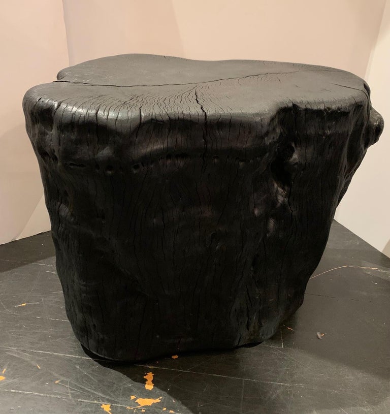 Black Indonesian lychee wood side table.
Natural organic shape with blackened top and ebonized texture sides.
On casters for easy movement.


