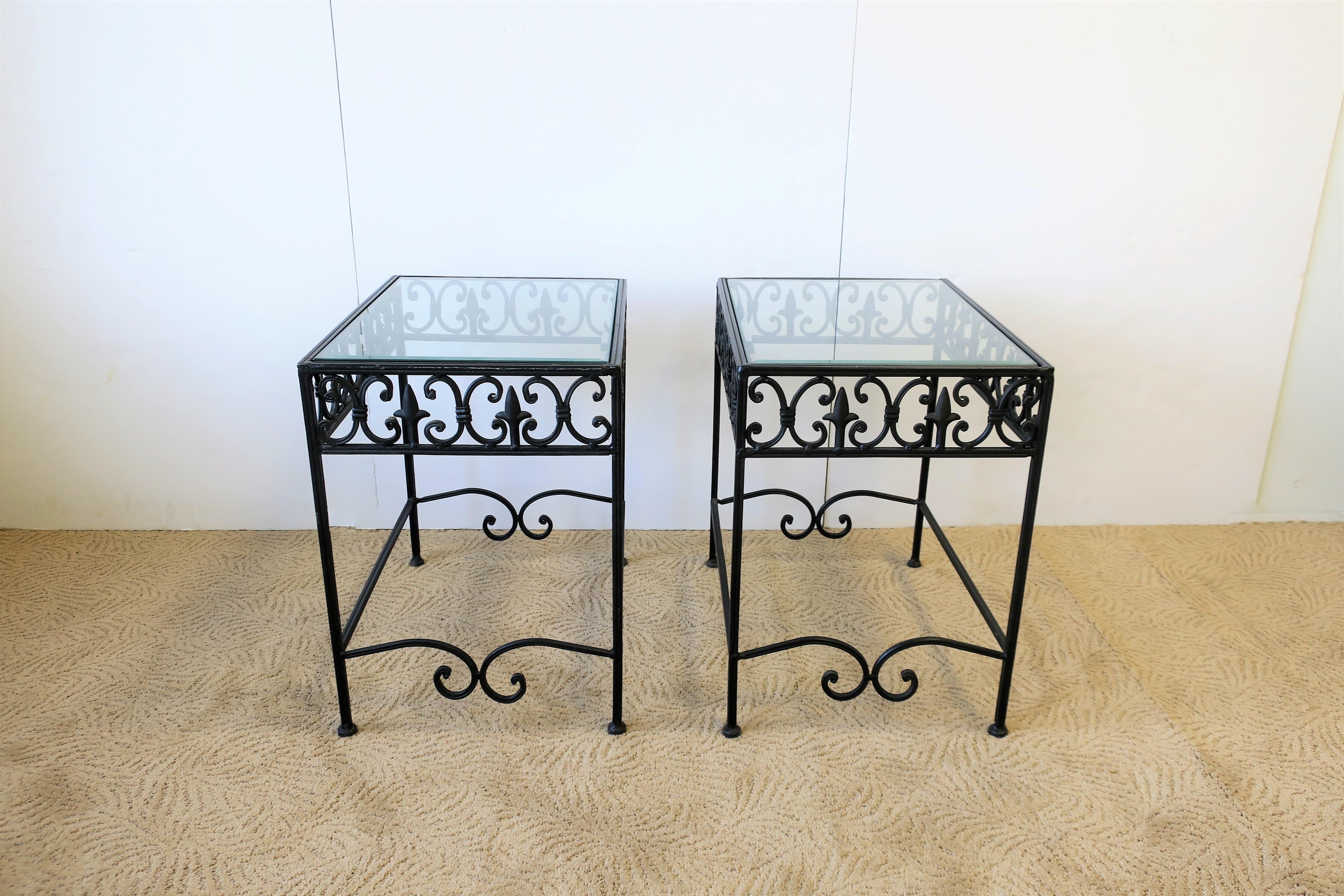 American Black Metal and Glass Outdoor Patio End Tables, Pair
