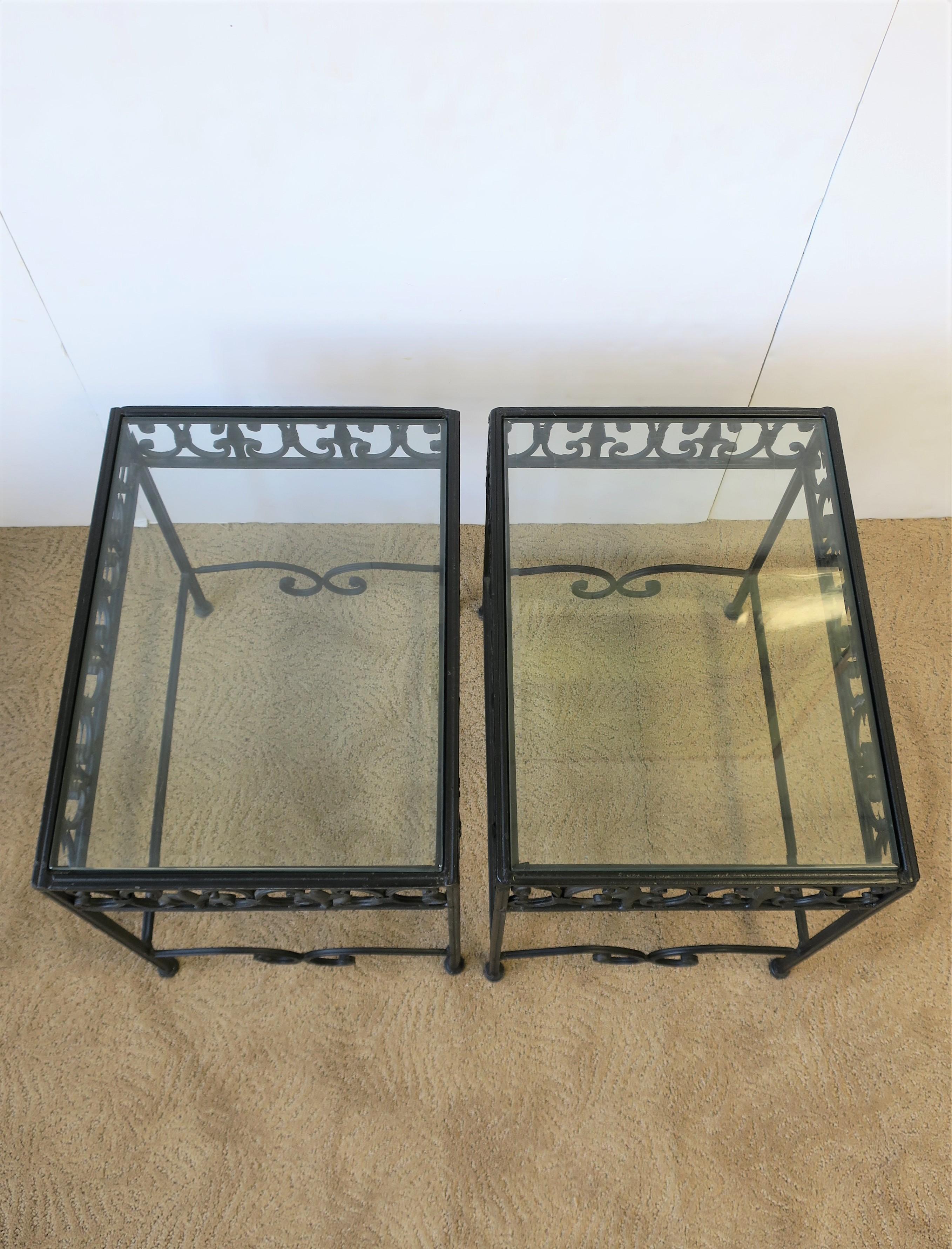 Beveled Black Metal and Glass Outdoor Patio End Tables, Pair