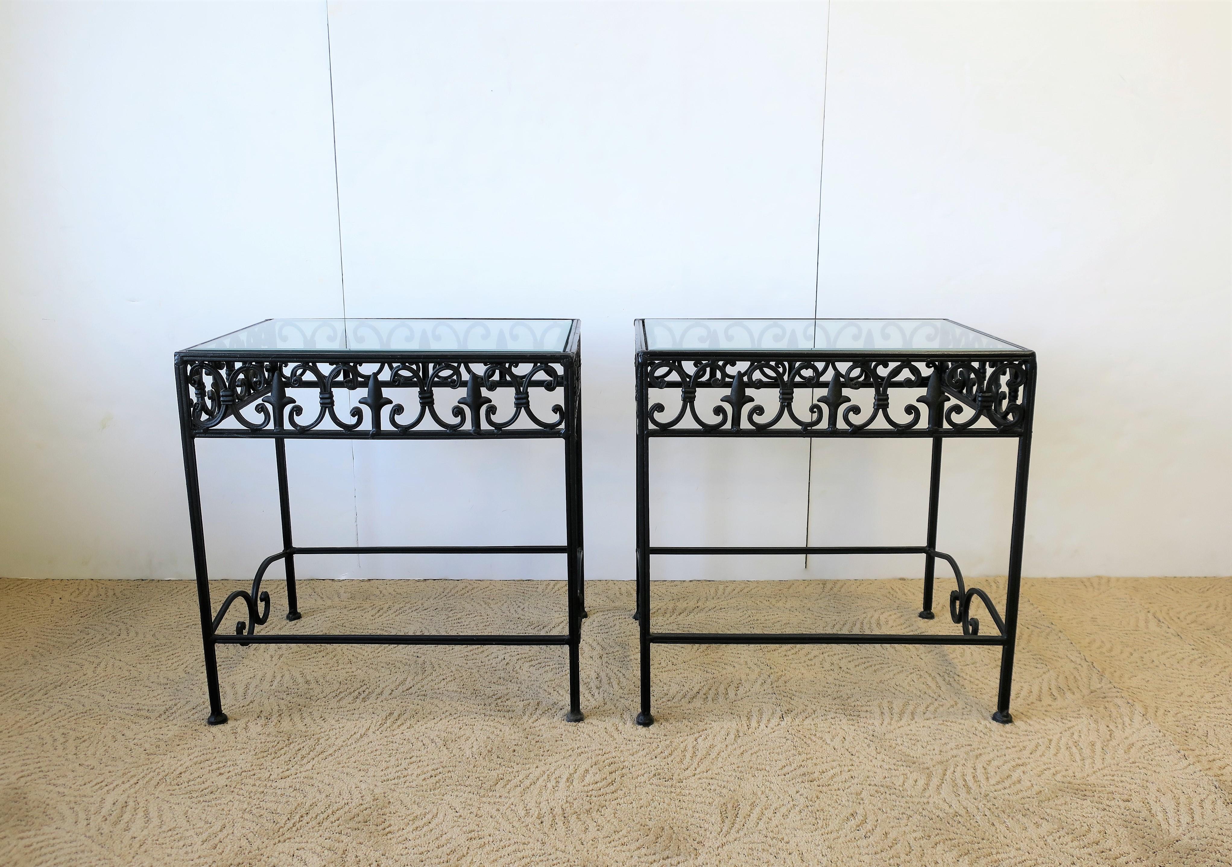 20th Century Black Metal and Glass Outdoor Patio End Tables, Pair
