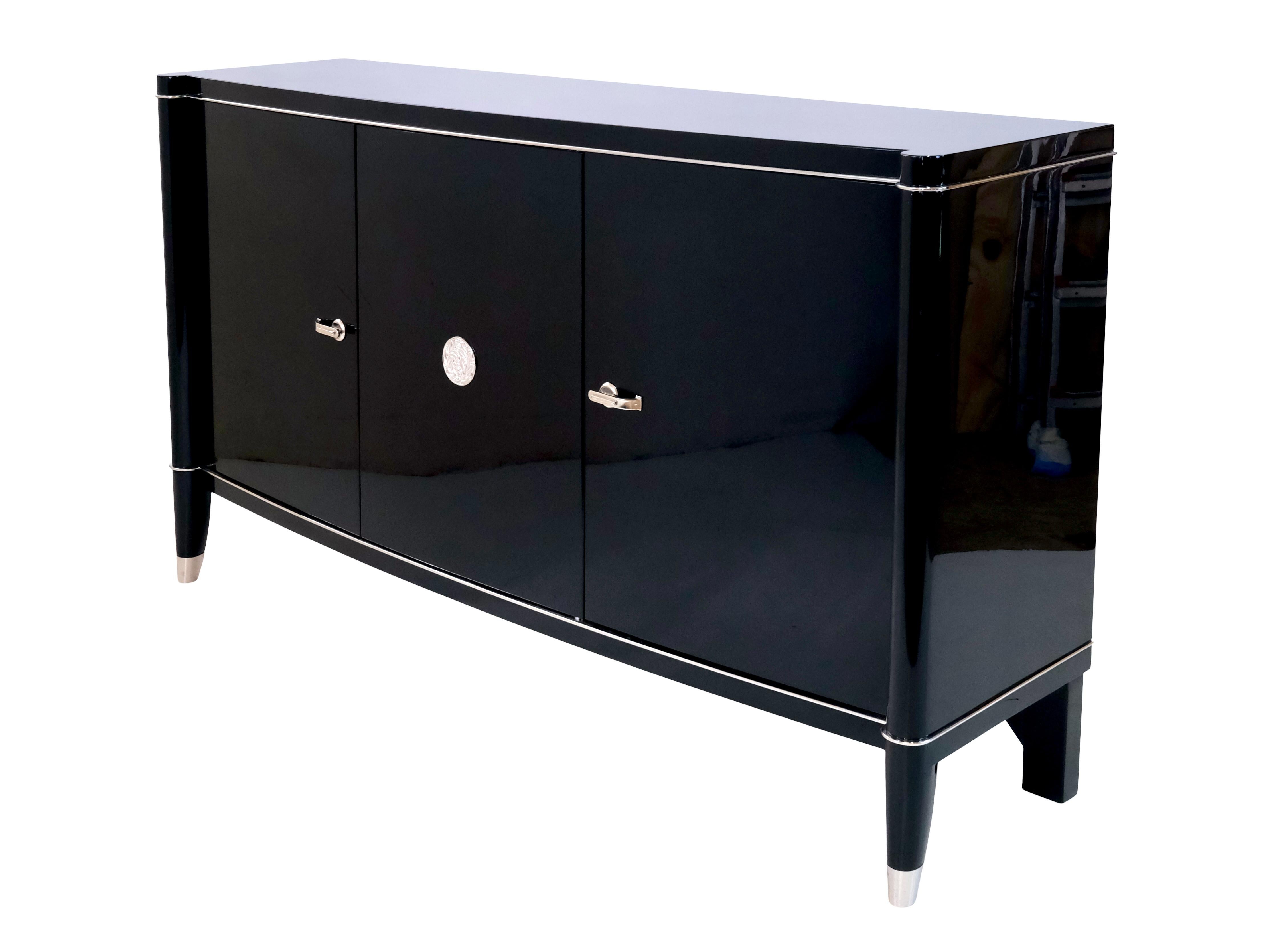 Brass Black Art Deco Sideboard with 3 Doors from De Coene Frères Belgium 1940s