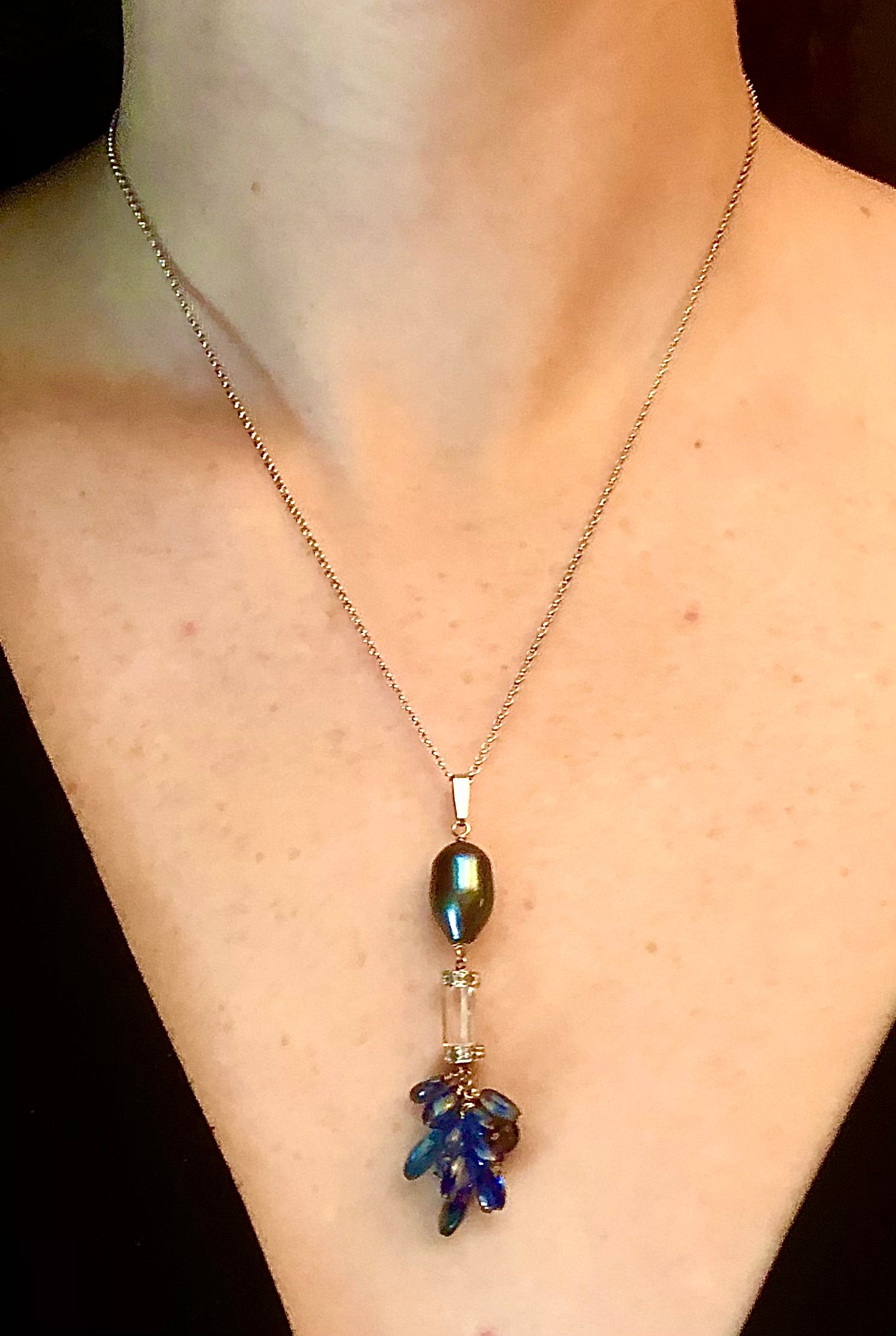 Black oval cultured pearl pendant with faceted rock crystal tube For Sale