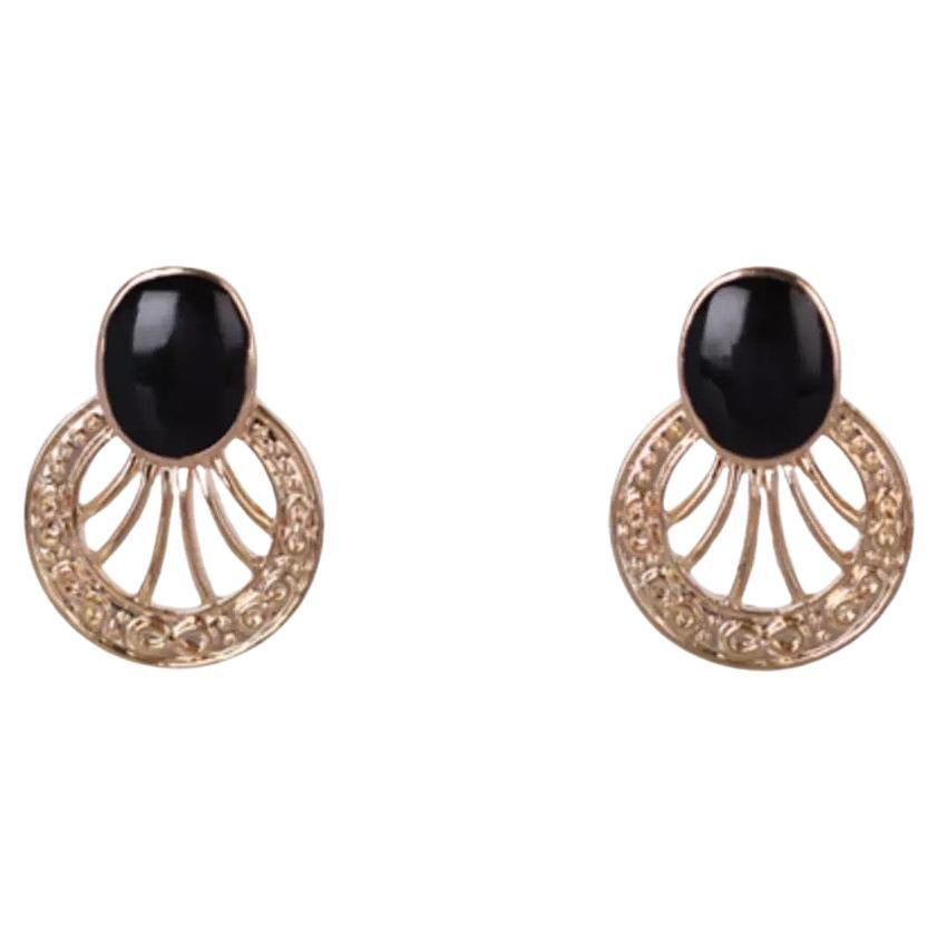 Eventail en émail noir ovale ajouré Cercle creux Or  Retro Elegance Clips Earrings en vente