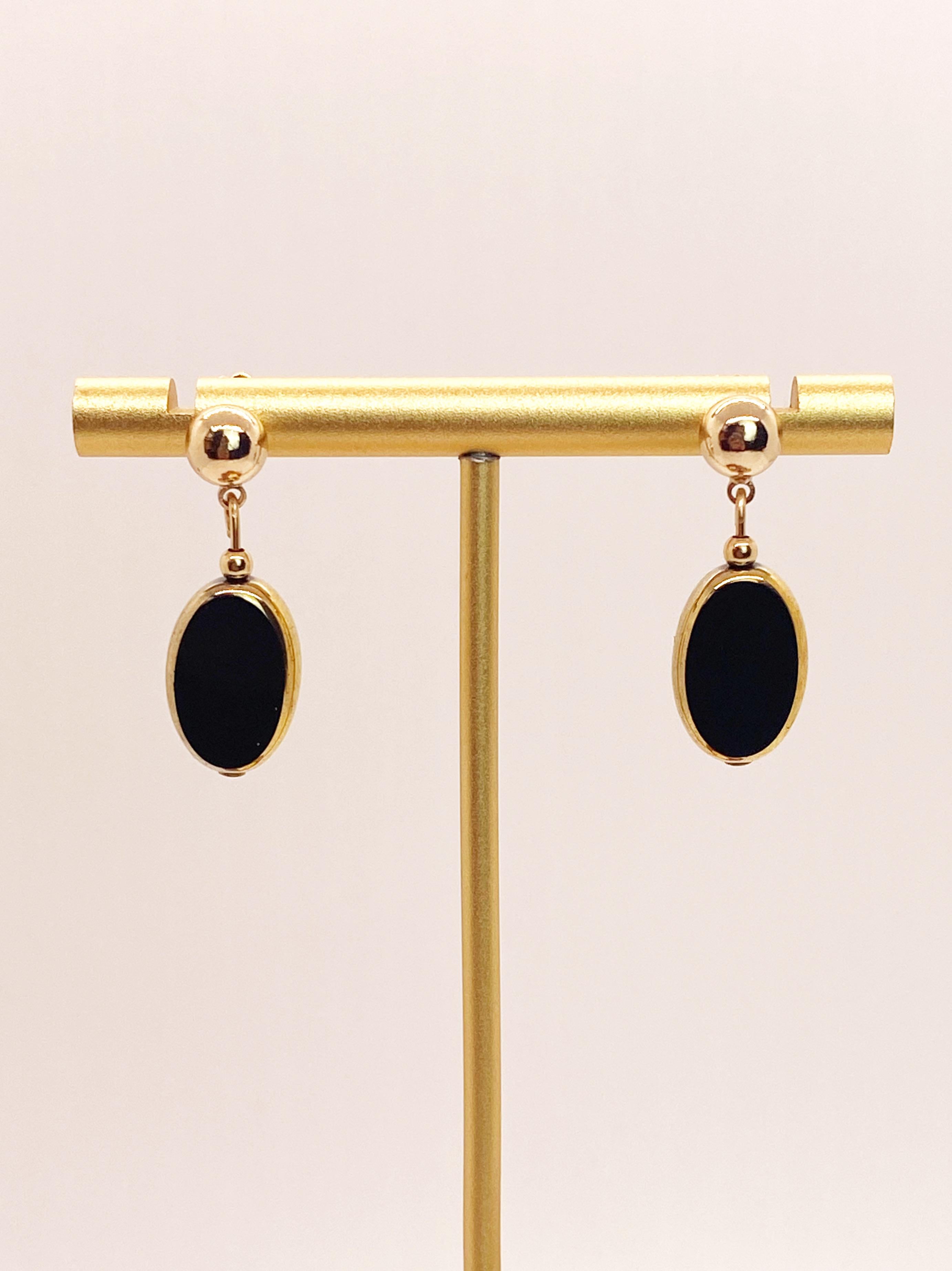 Boucles d'oreilles en perles de verre allemandes ovales noires bordées d'or 24K Neuf - En vente à Monrovia, CA