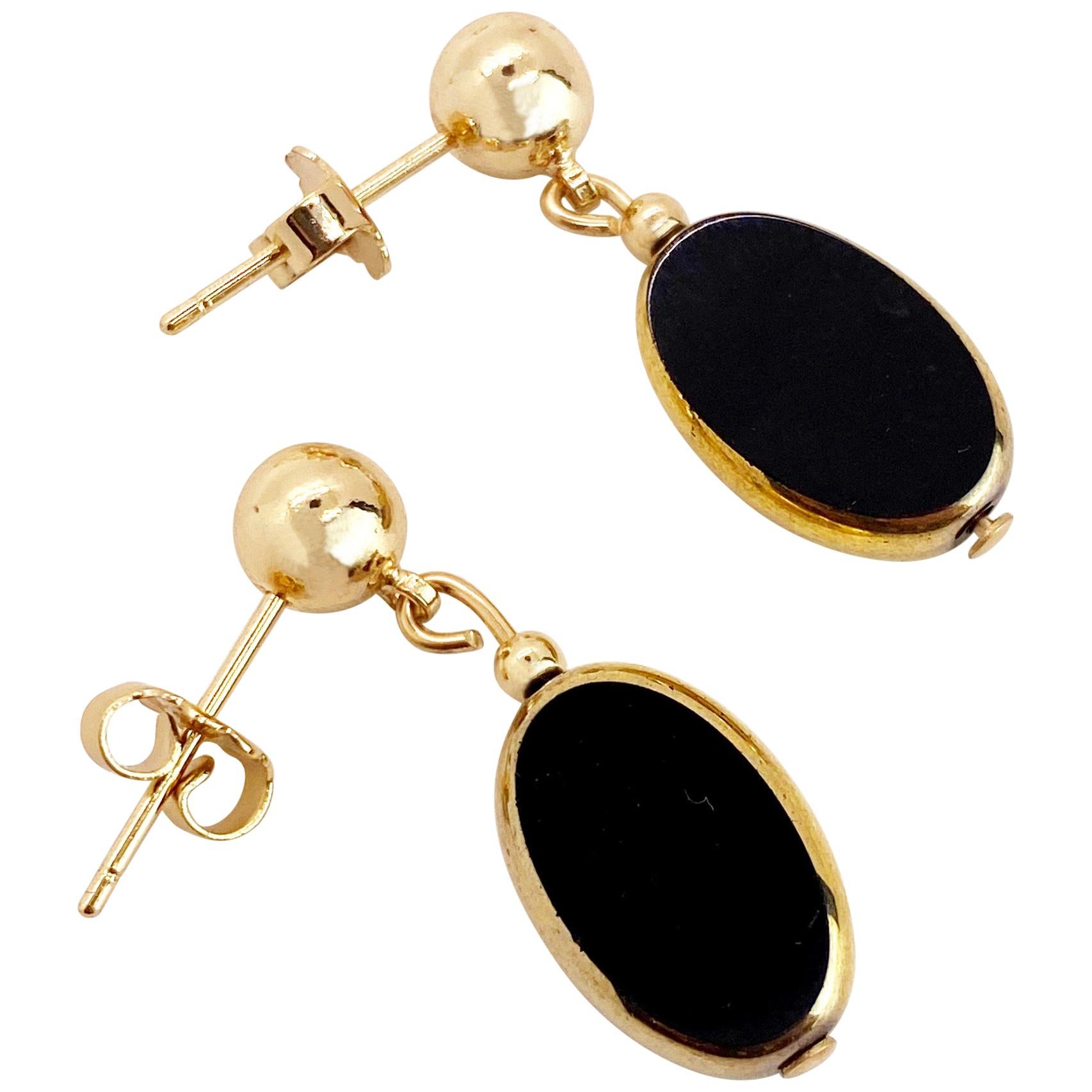 Black Oval Vintage German Glass Beads edged with 24K gold Earrings For Sale