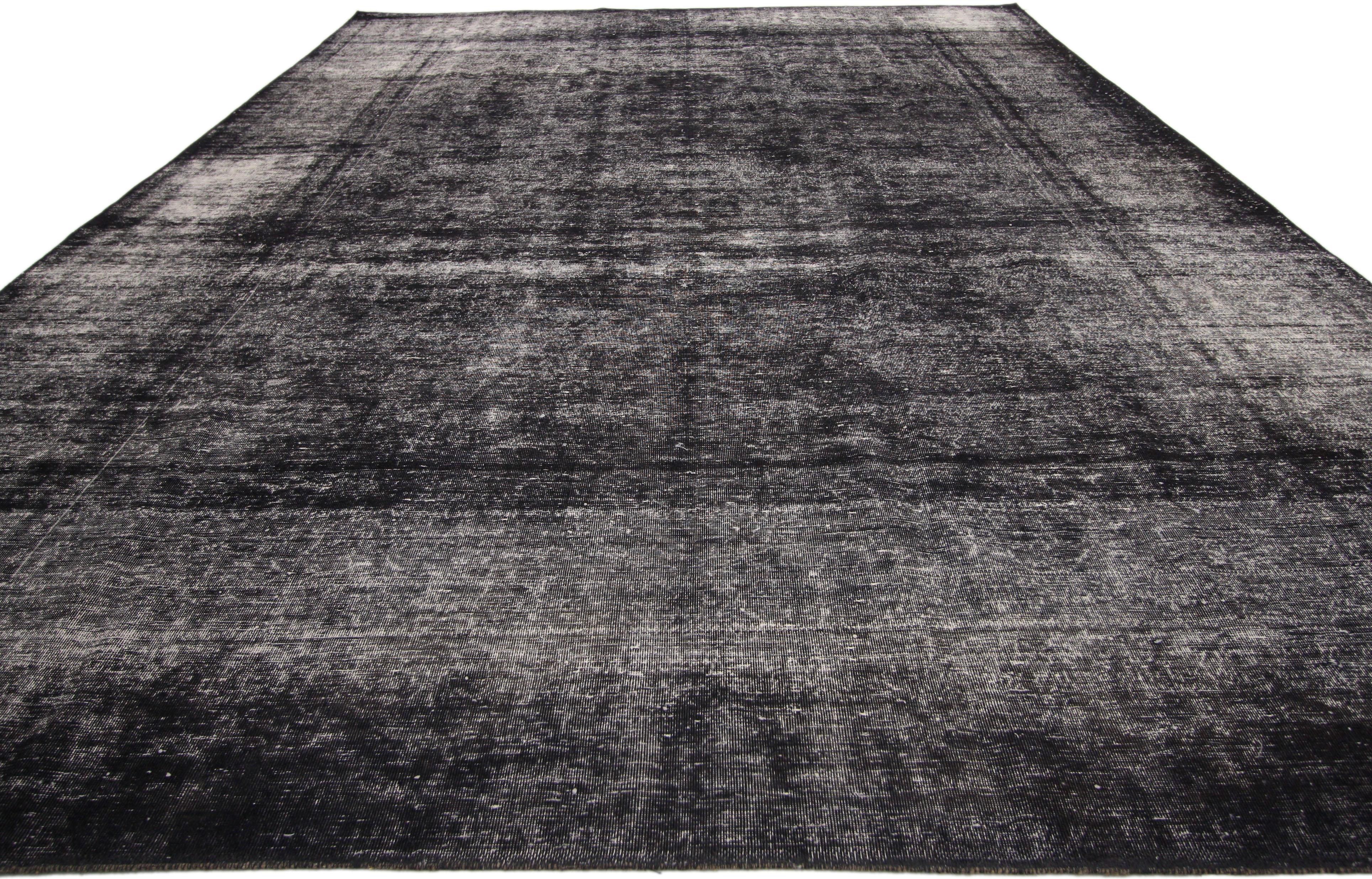 Hand-Knotted Black Overdyed Distressed Vintage Turkish Rug with Modern Industrial Luxe Style