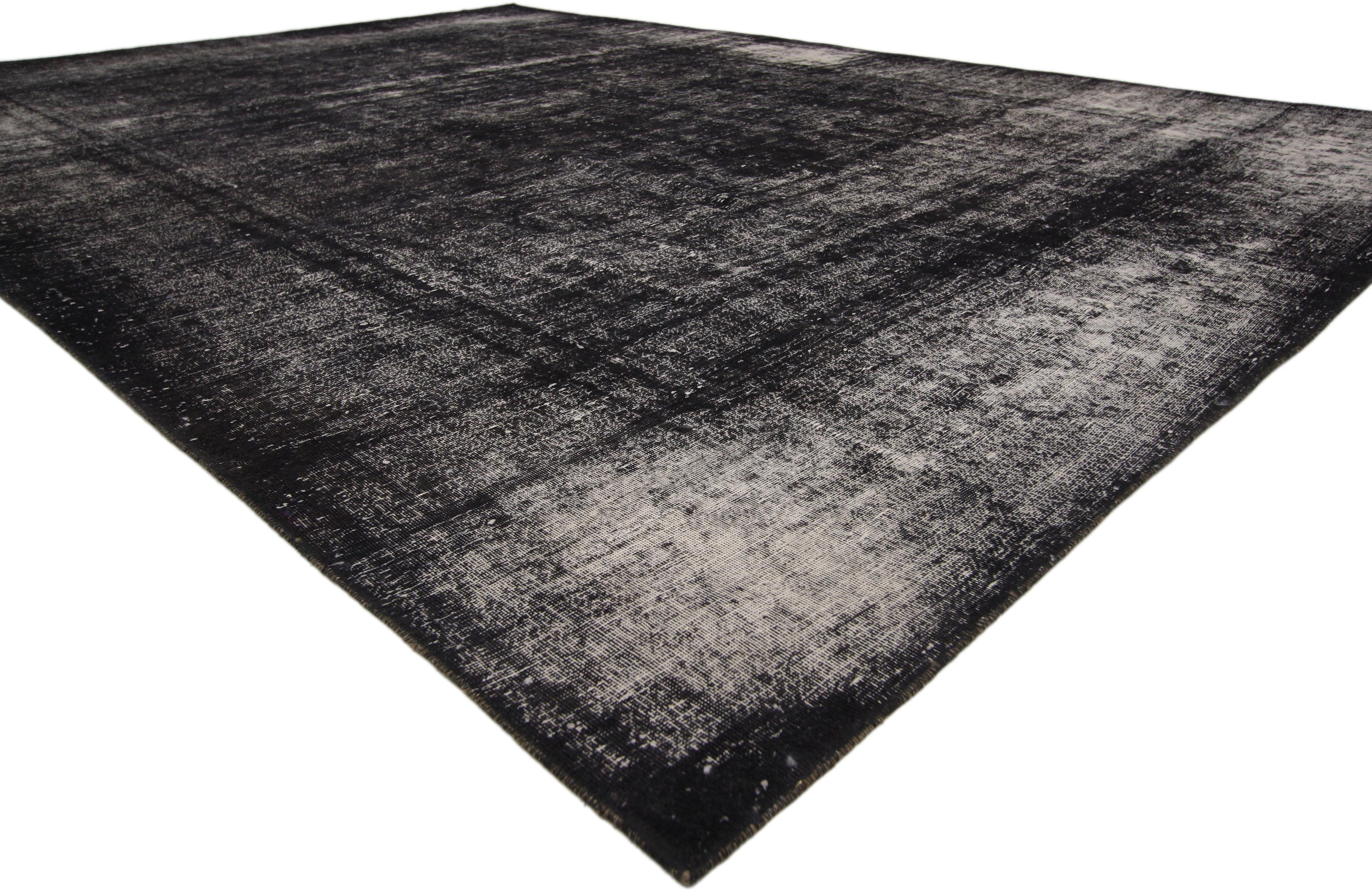 Black Overdyed Distressed Vintage Turkish Rug with Modern Industrial Luxe Style In Distressed Condition In Dallas, TX