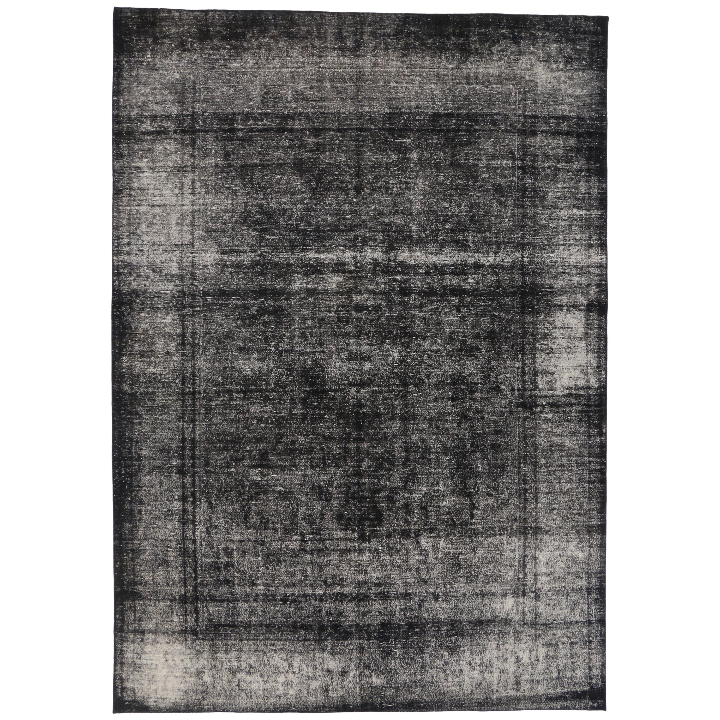 Black Overdyed Distressed Vintage Turkish Rug with Modern Industrial Luxe Style