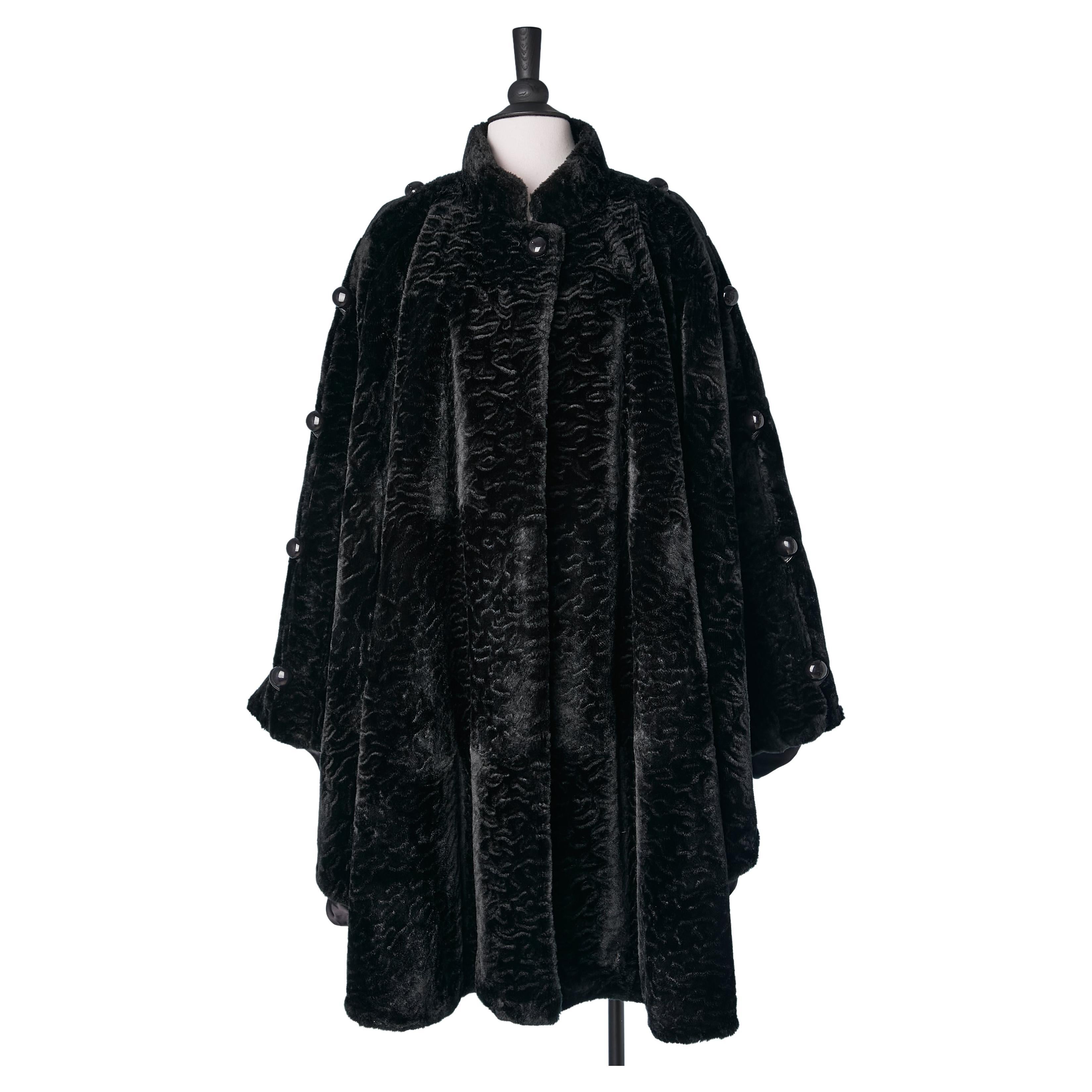 Black oversize fake-furs cape with black buttons Jean Patou Paris Circa 1980's 