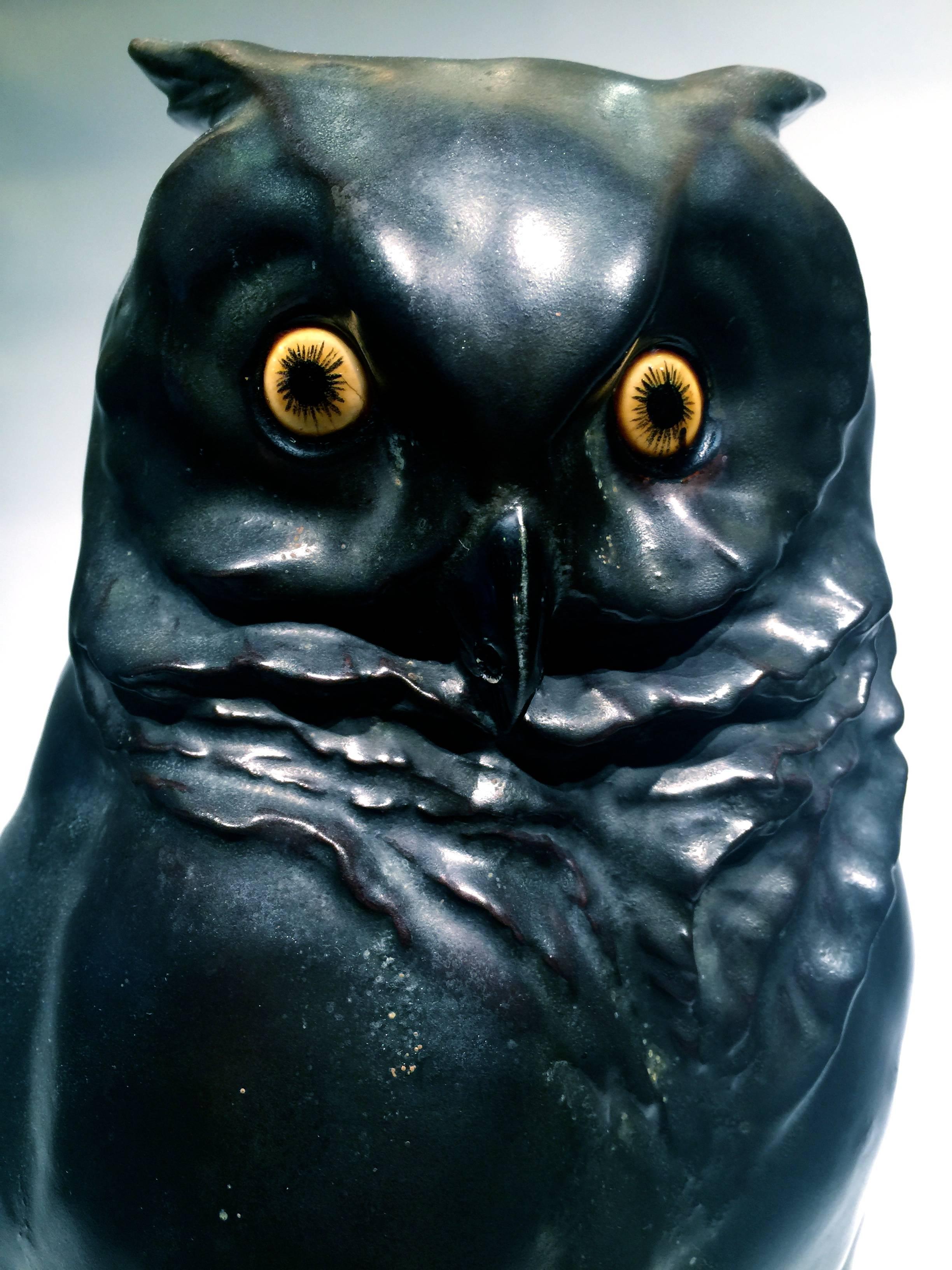 Black owl on books, USA, Art Nouveau porcelain, circa 1900.