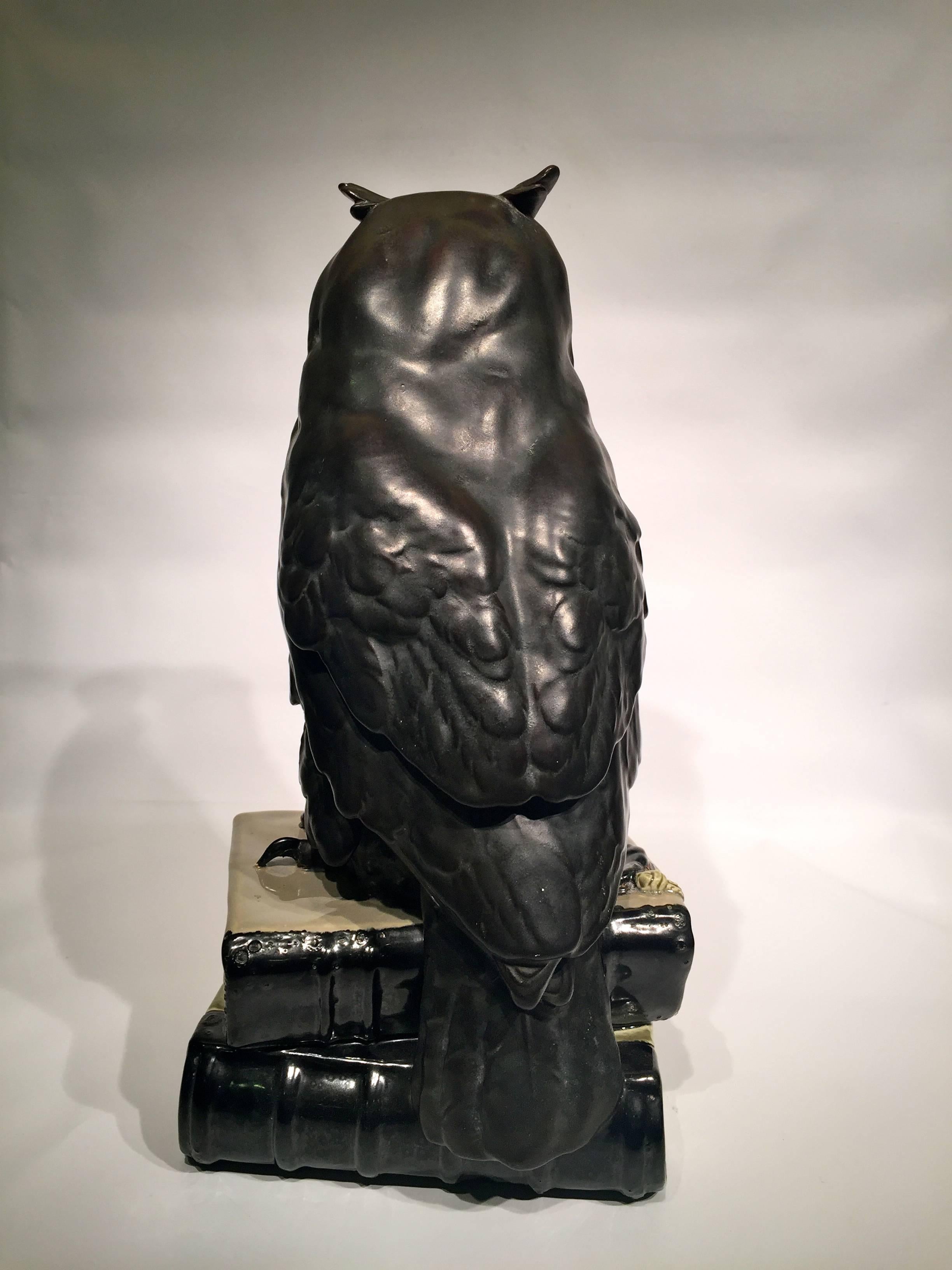 Early 20th Century SIGNED Black Owl on Books USA Art Nouveau Porcelain, circa 1900 For Sale