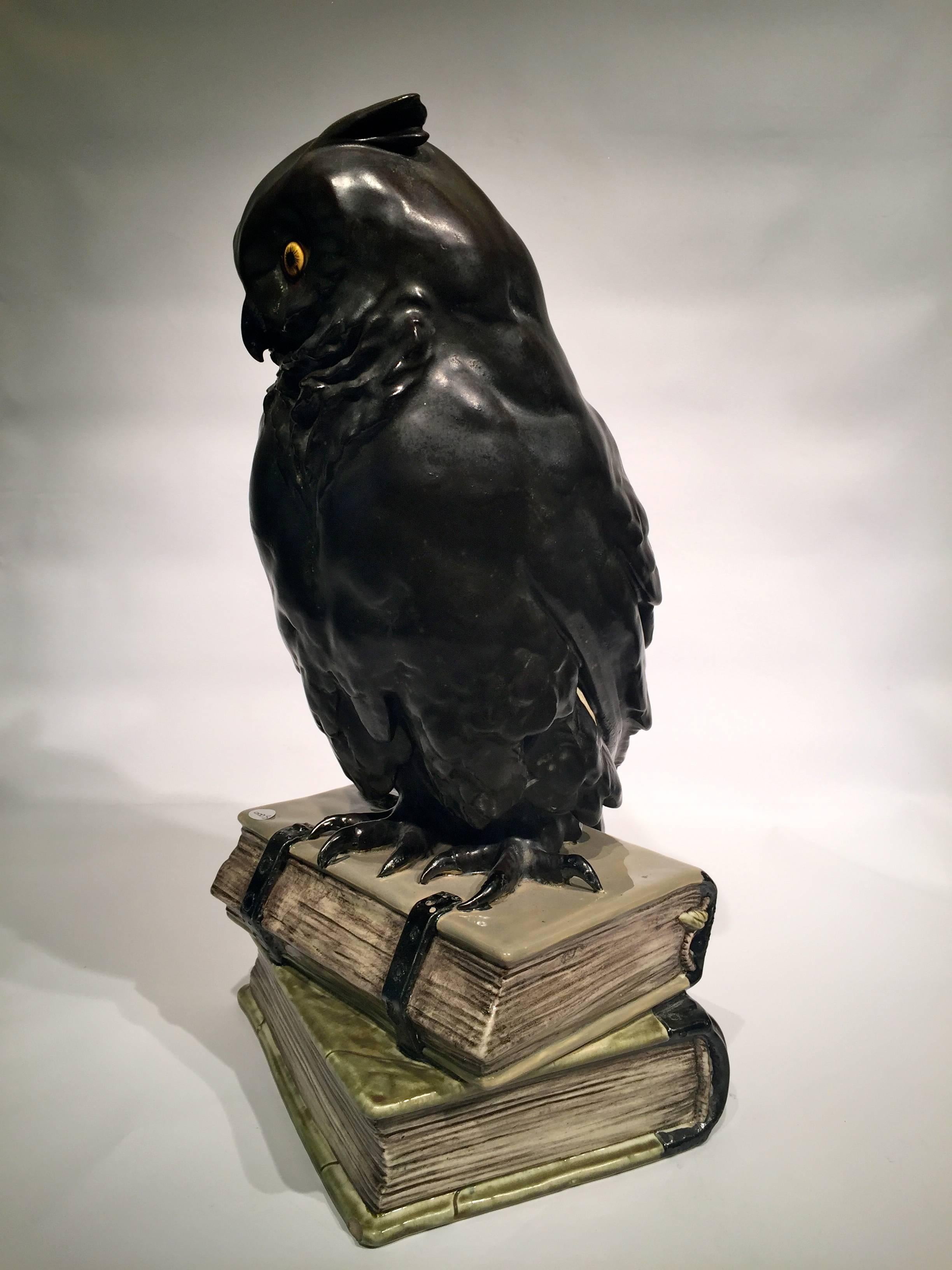 SIGNED Black Owl on Books USA Art Nouveau Porcelain, circa 1900 For Sale 1