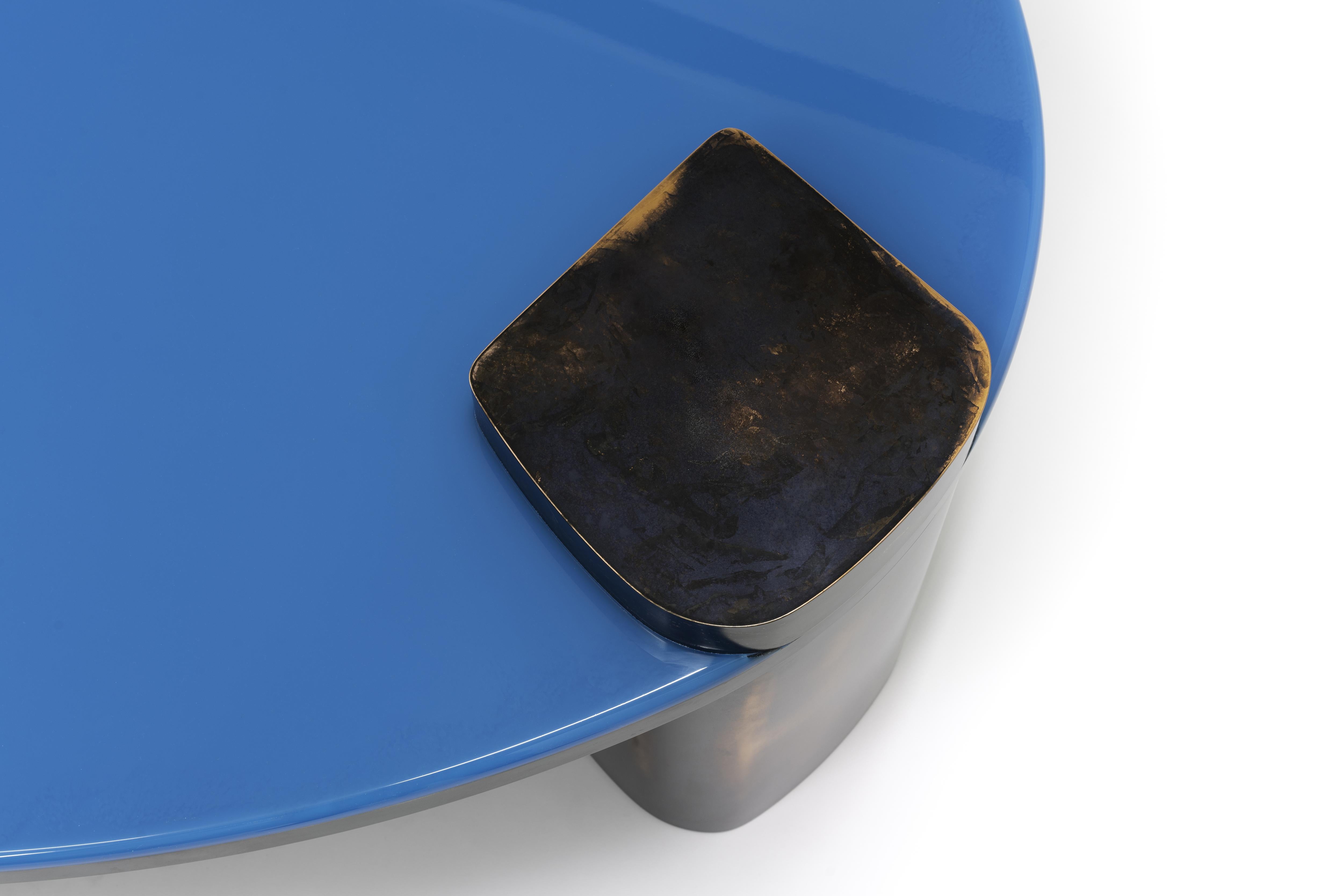 Modern Black Oxidized Copper Base Oval Low Coffee Table with Blue Pigment Resin Top For Sale